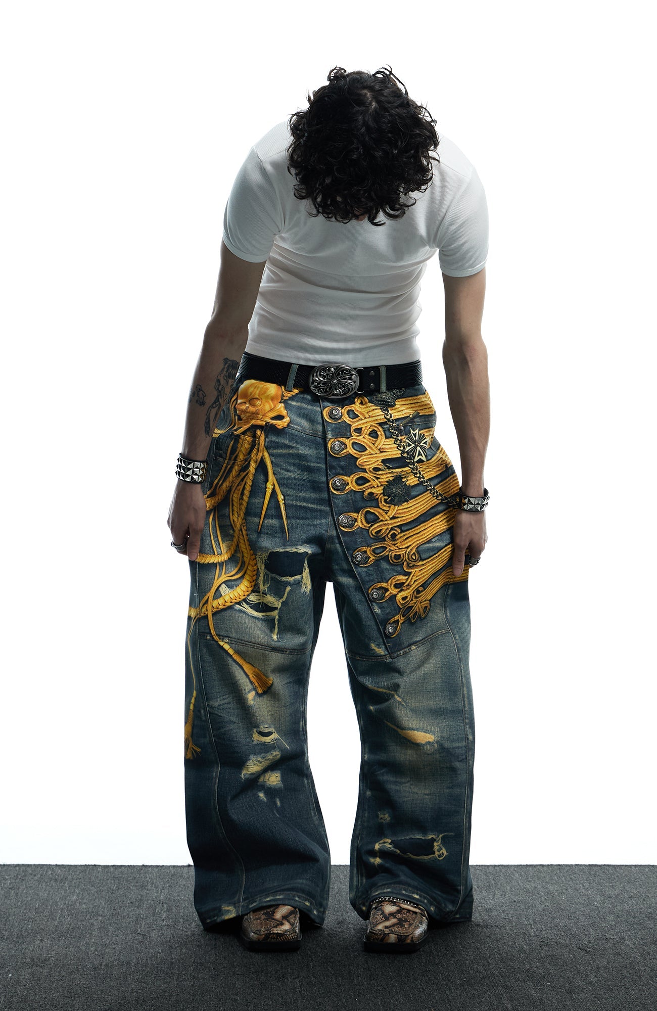 DND4DES Regal Braid Graphic Curved-Leg Baggy Jeans-Jeans-XS-Free Shipping Leatheretro