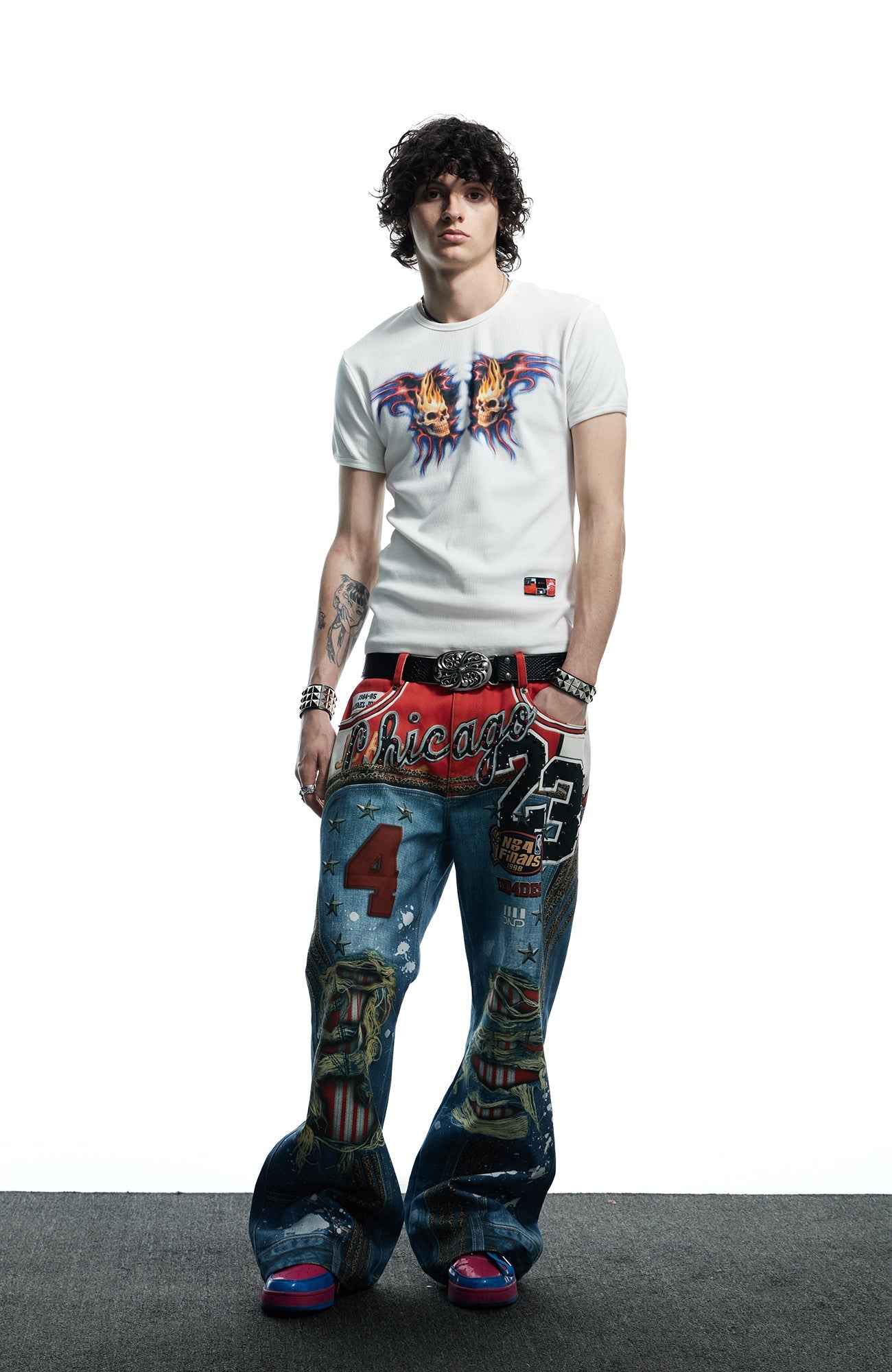 DND4DES Chicago Bulls Print Studded Flare Jeans-Jeans-XS-Free Shipping Leatheretro