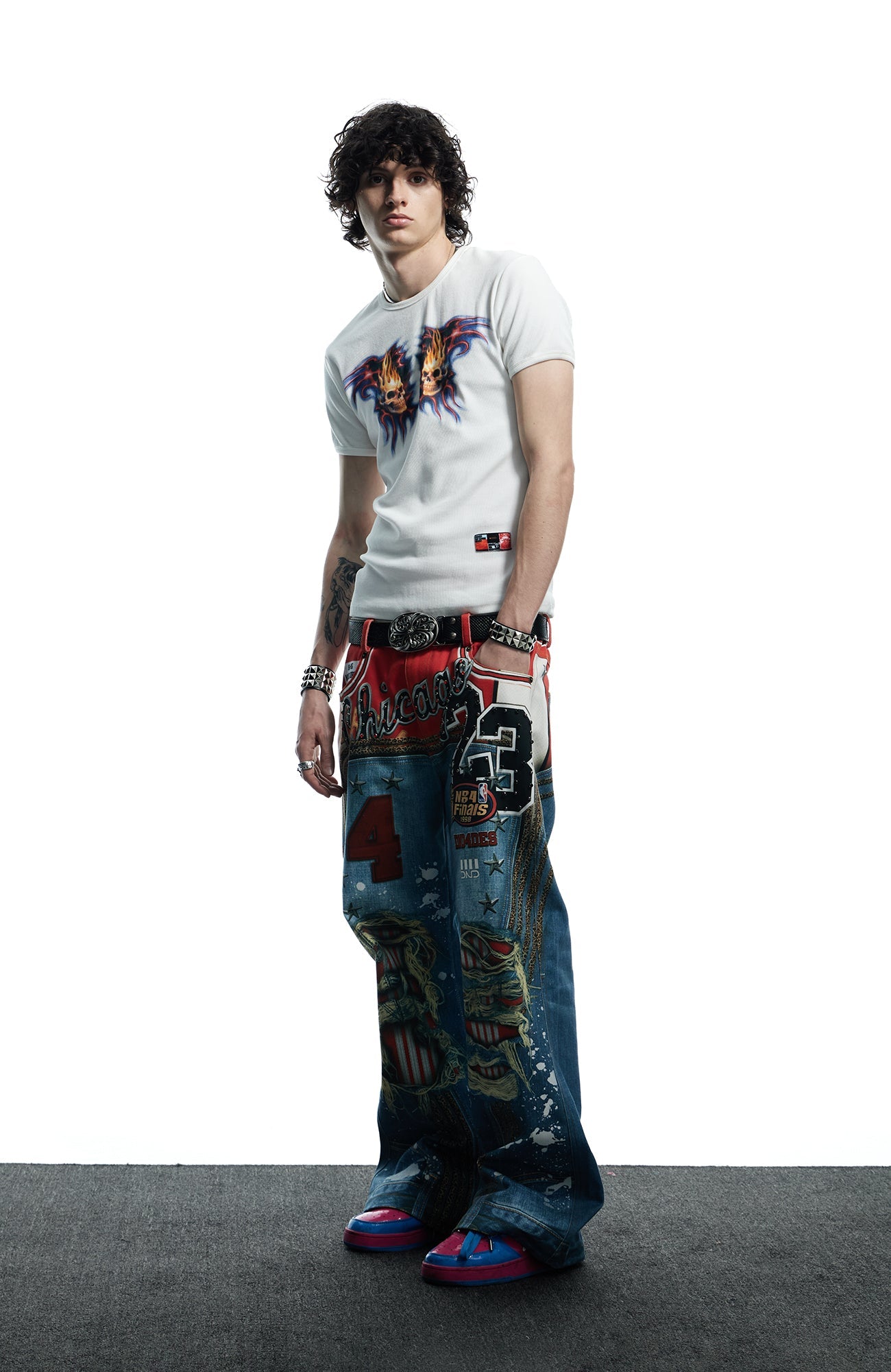 DND4DES Chicago Bulls Print Studded Flare Jeans-Jeans-XS-Free Shipping Leatheretro
