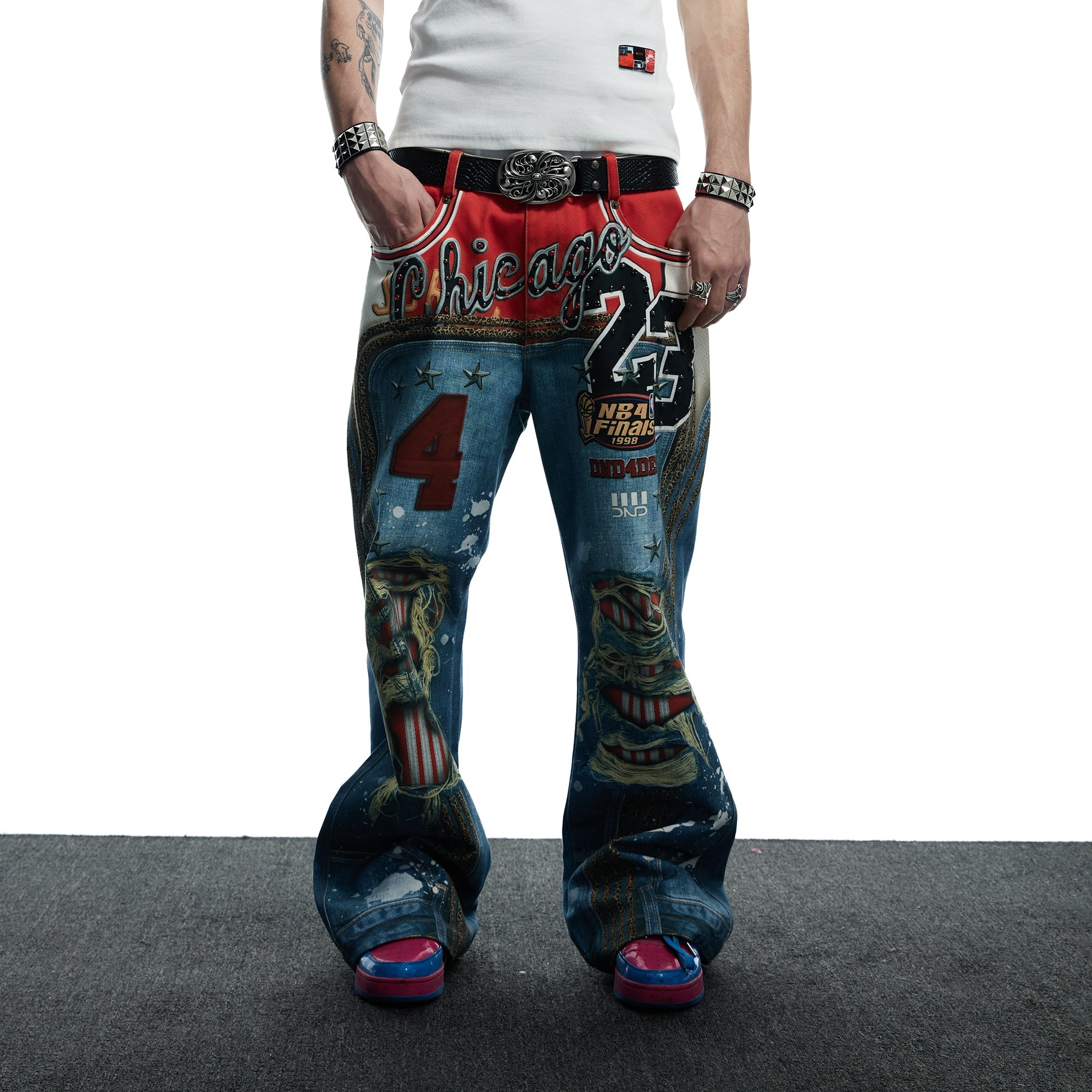 DND4DES Chicago Bulls Print Studded Flare Jeans-Jeans-XS-Free Shipping Leatheretro