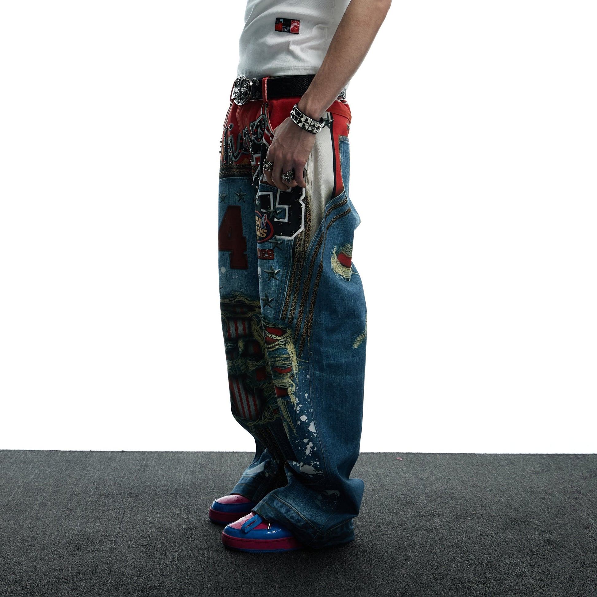 DND4DES Chicago Bulls Print Studded Flare Jeans-Jeans-XS-Free Shipping Leatheretro