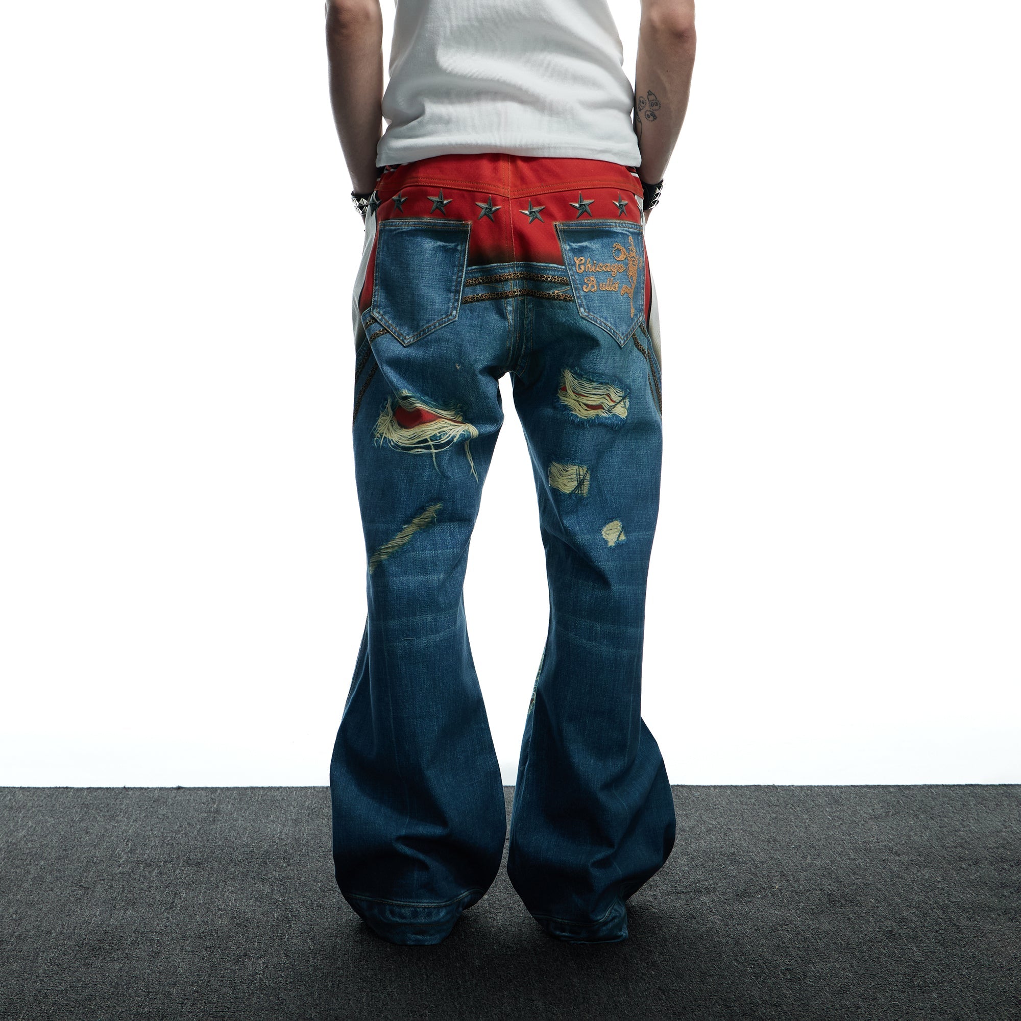 DND4DES Chicago Bulls Print Studded Flare Jeans-Jeans-XS-Free Shipping Leatheretro