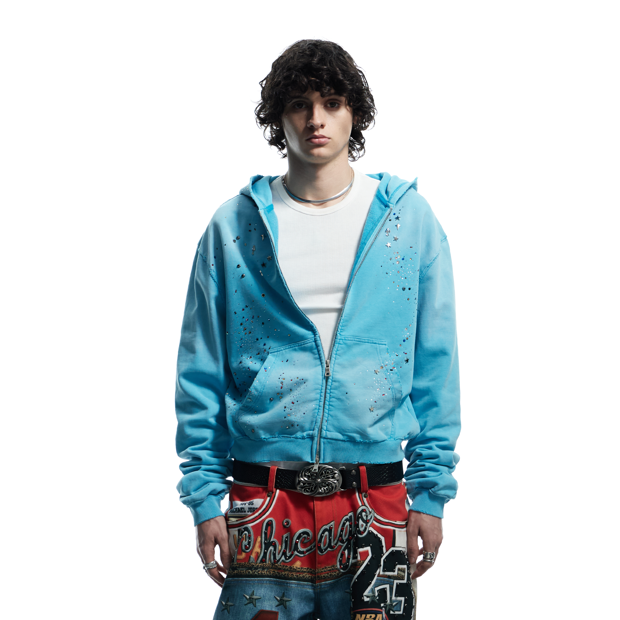 DND4DES Starry Diamond Washed Zip-Up Hoodie-Jacket-S-Blue-Free Shipping Leatheretro