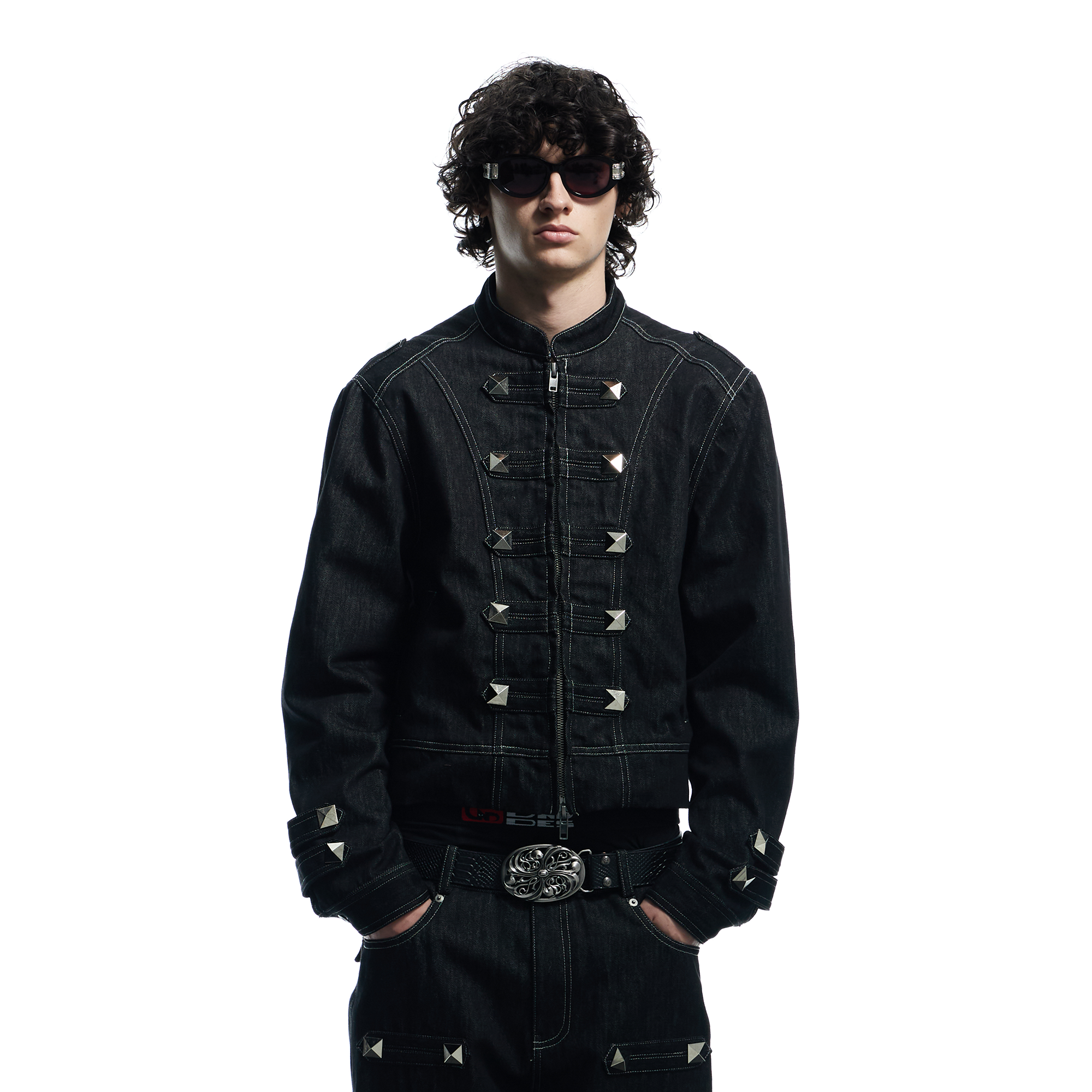 DND4DES Studded Stand Collar Raw Denim Jacket-Jacket-S-Free Shipping Leatheretro