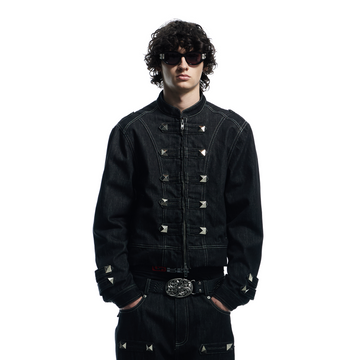 DND4DES Studded Stand Collar Raw Denim Jacket-Jacket-S-Free Shipping Leatheretro