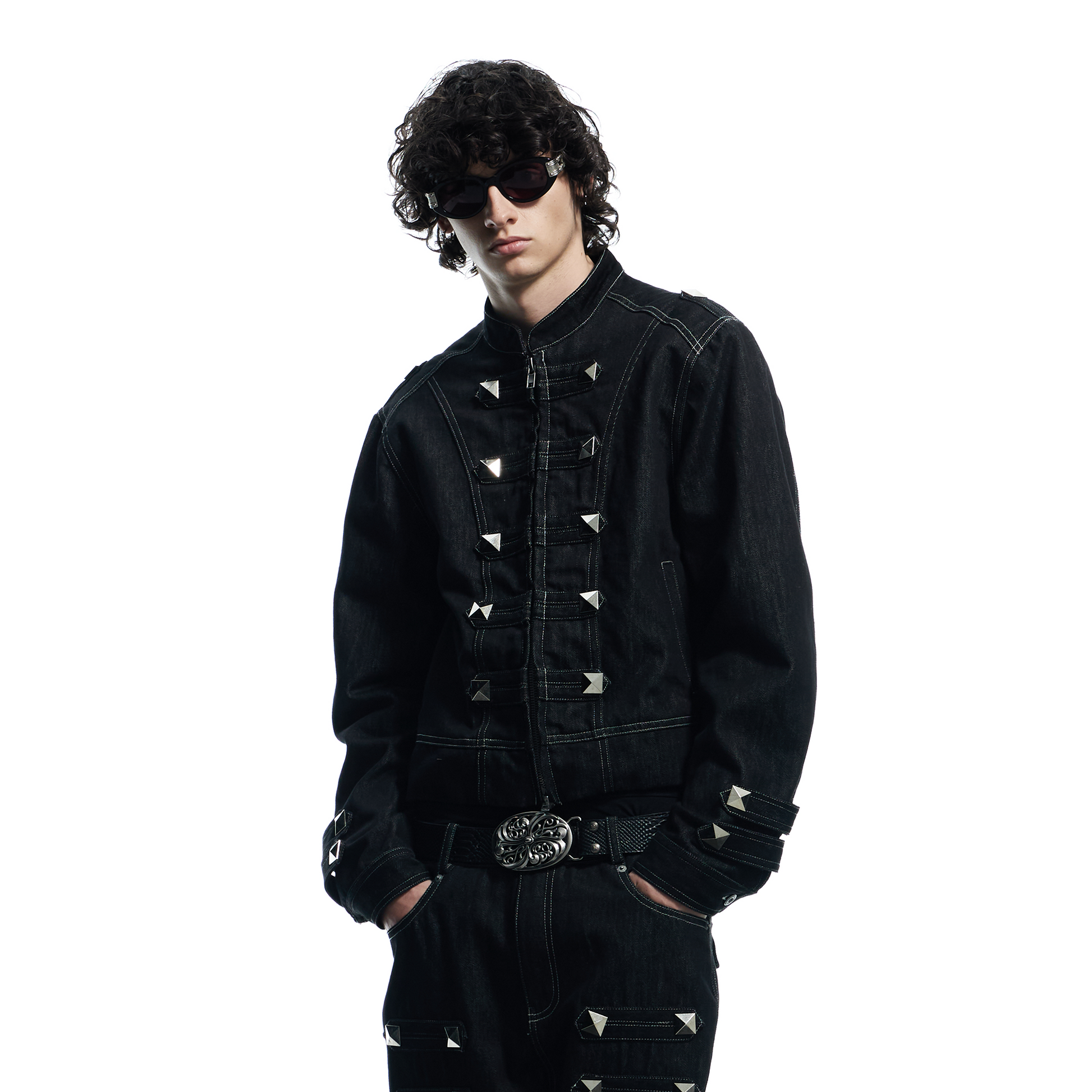 DND4DES Studded Stand Collar Raw Denim Jacket-Jacket-S-Free Shipping Leatheretro