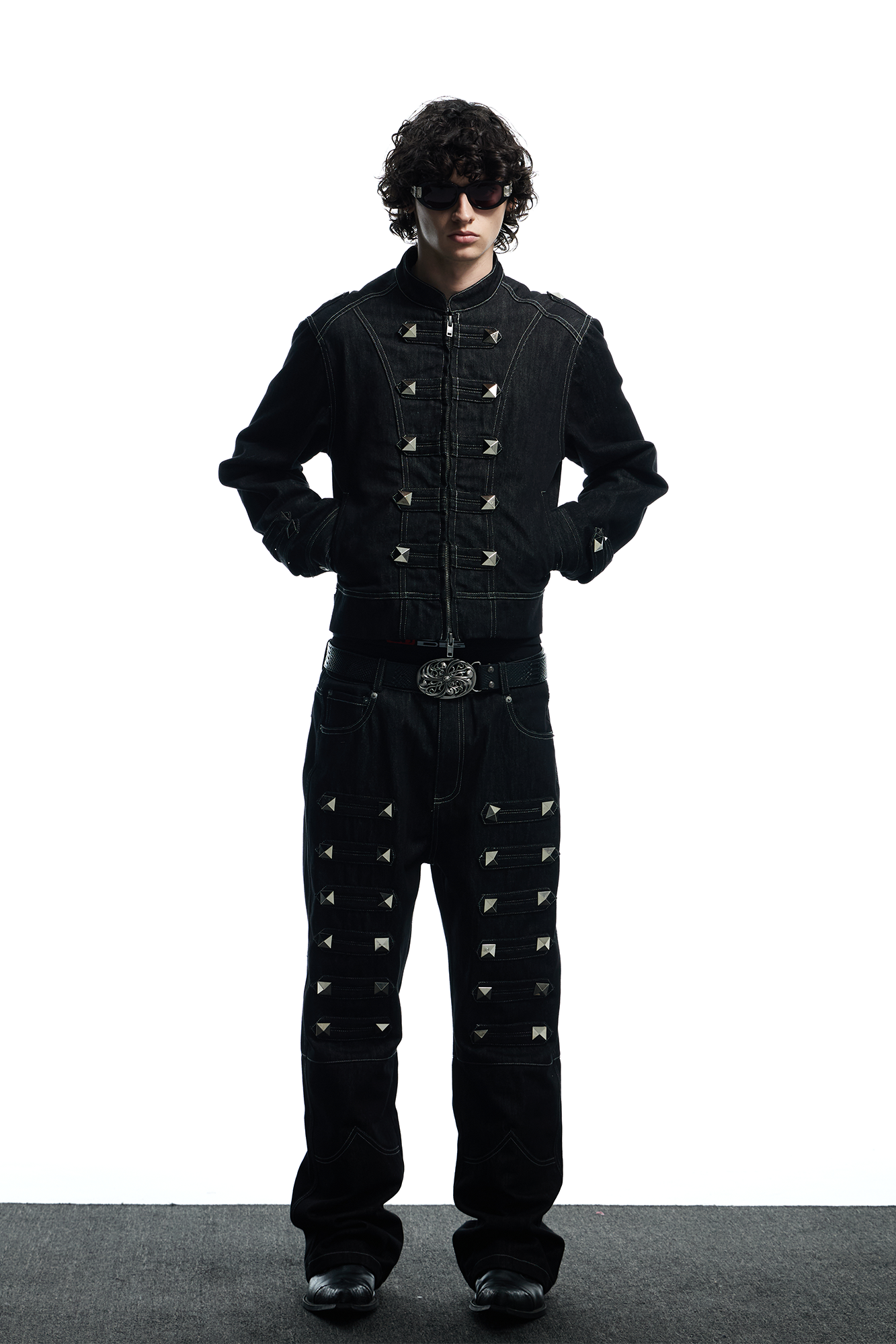 DND4DES Studded Stand Collar Raw Denim Jacket-Jacket-S-Free Shipping Leatheretro