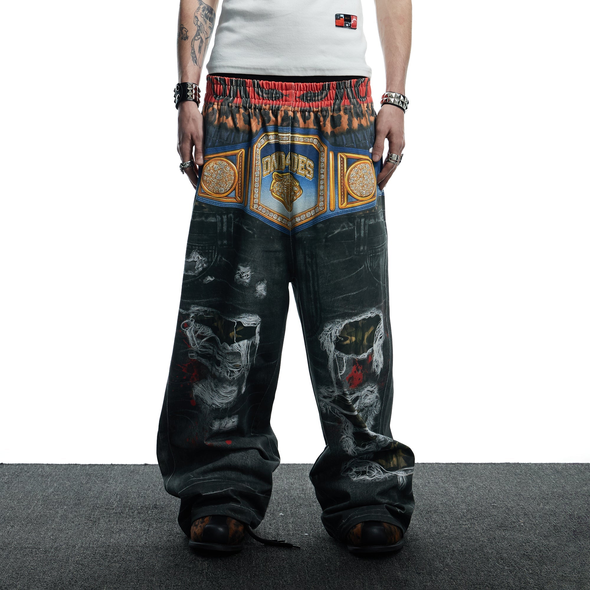 DND4DES Boxing Championship Belt Print Baggy Trousers-Pants-S-Free Shipping Leatheretro