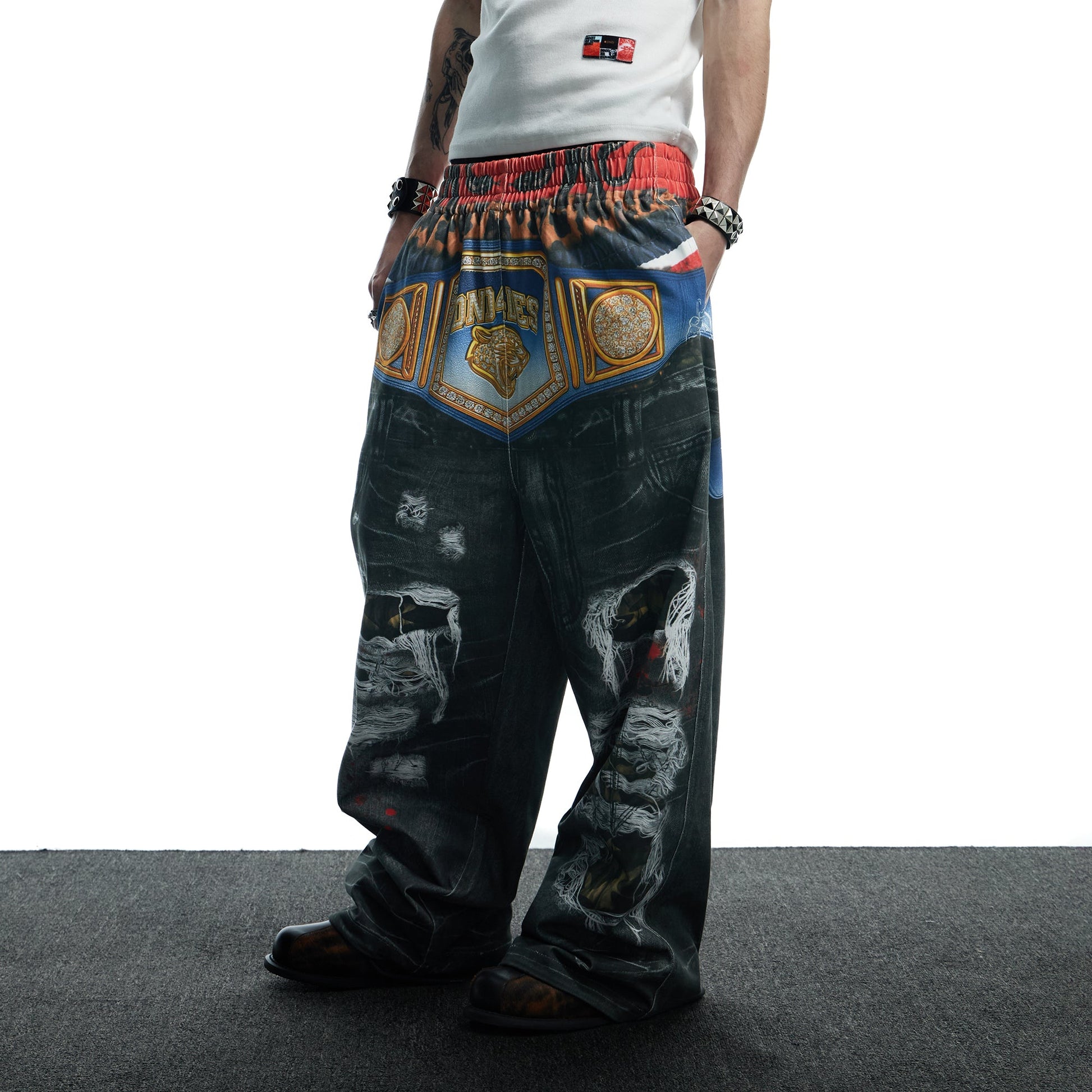 DND4DES Boxing Championship Belt Print Baggy Trousers-Pants-S-Free Shipping Leatheretro
