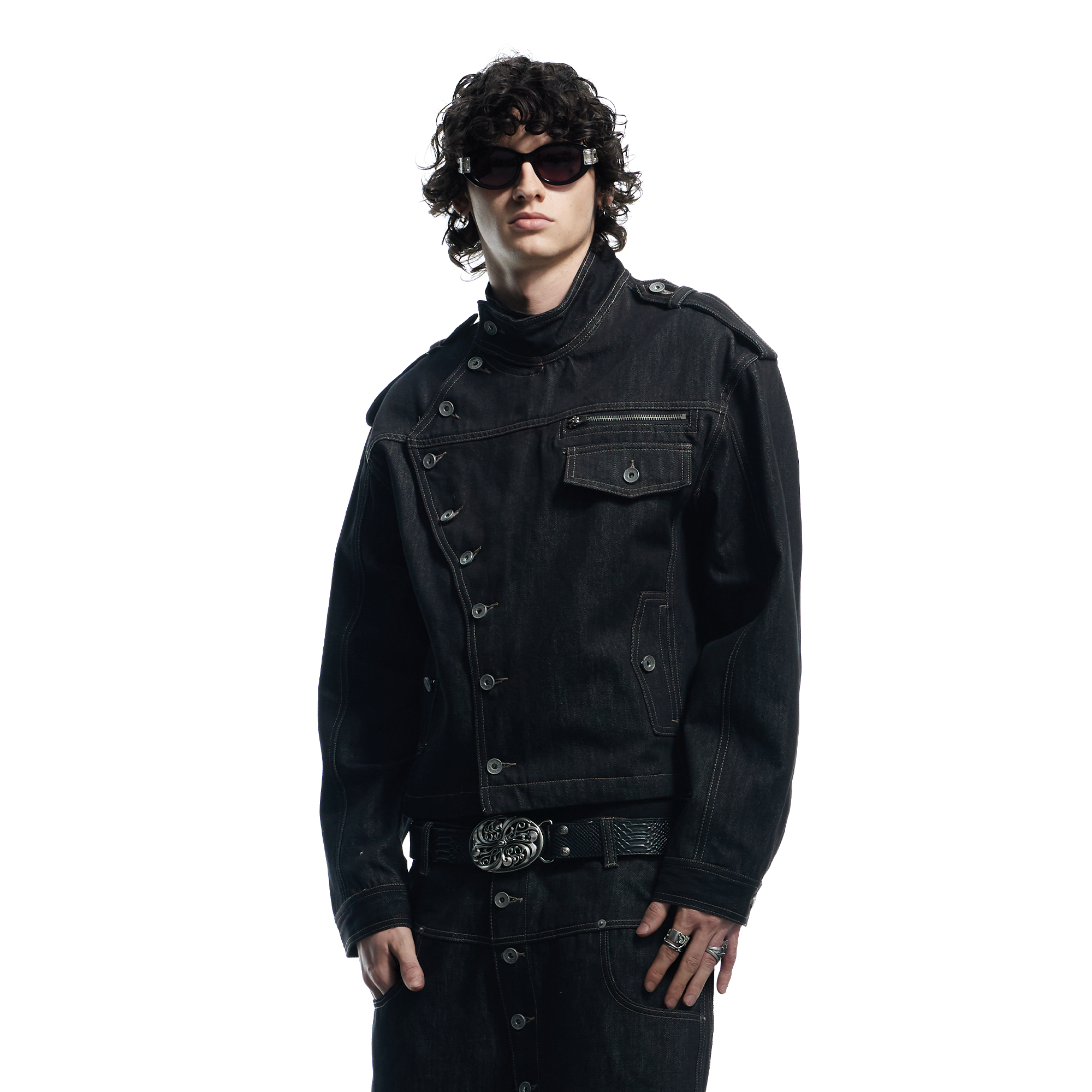 DND4DES Asymmetric Button Stand Collar Raw Denim Jacket-Jacket-S-Free Shipping Leatheretro