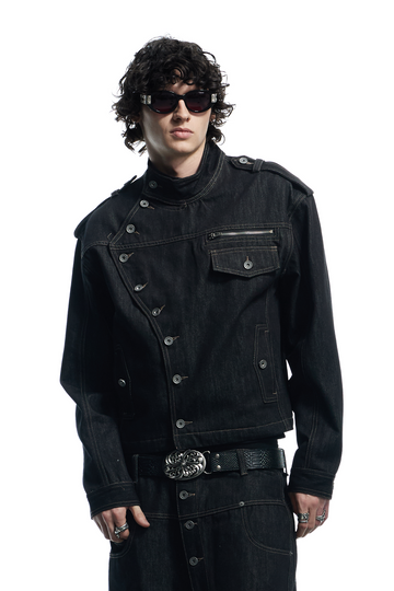 DND4DES Asymmetric Button Stand Collar Raw Denim Jacket-Jacket-S-Free Shipping Leatheretro