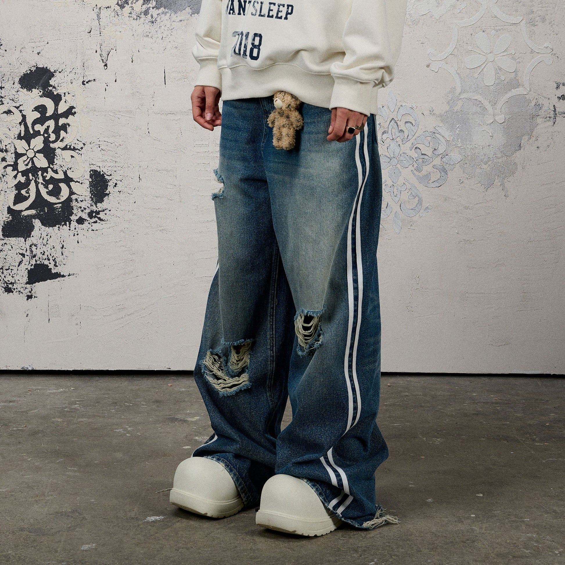 DONSMOKE Ripped Side Stripe Wide-Leg Jeans-Jeans-S-Free Shipping Leatheretro