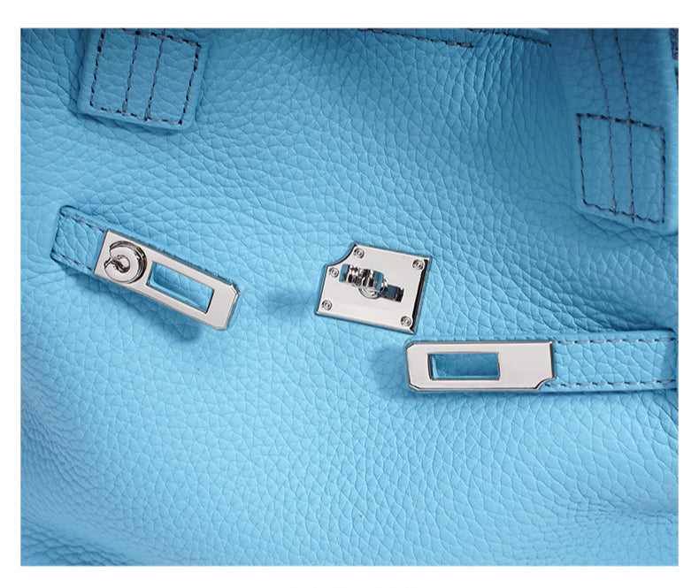 Top-Grain Leather Handbag – Stylish Basket Shoulder Bag with Lock Closure-Milkshake powder-Free Shipping Leatheretro