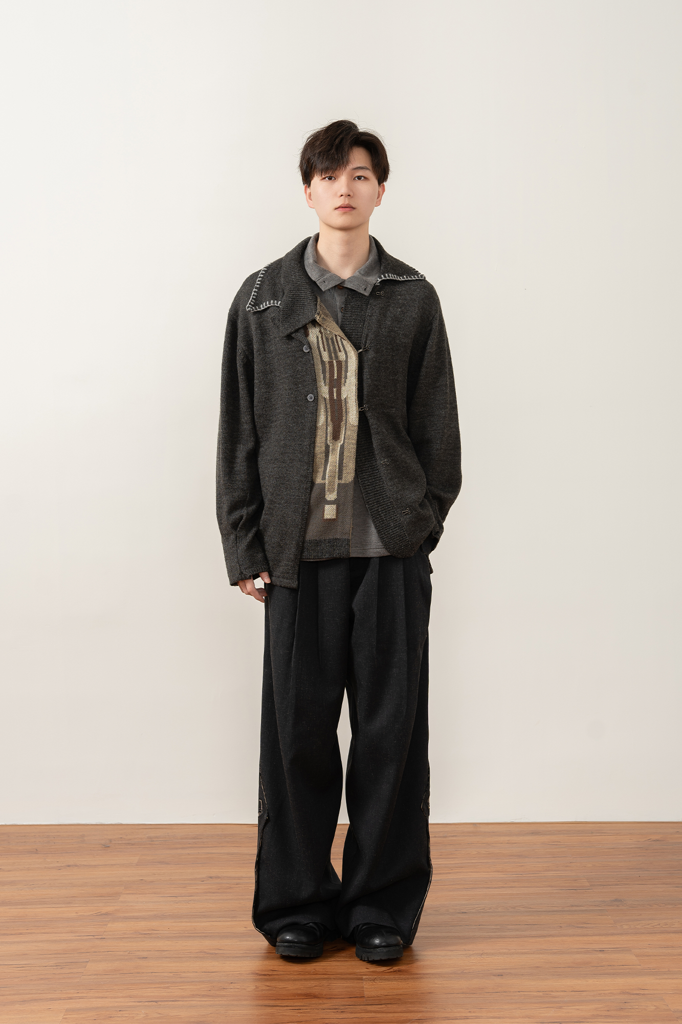 MOITIEDEPETALE Pleats Patch Wide-Leg Trousers-Pants-XS-Free Shipping Leatheretro
