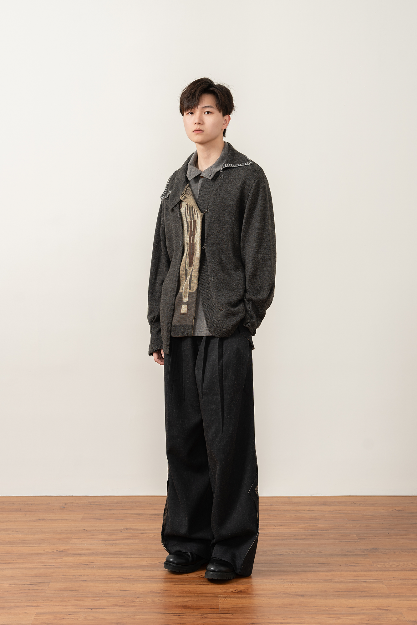 MOITIEDEPETALE Pleats Patch Wide-Leg Trousers-Pants-XS-Free Shipping Leatheretro
