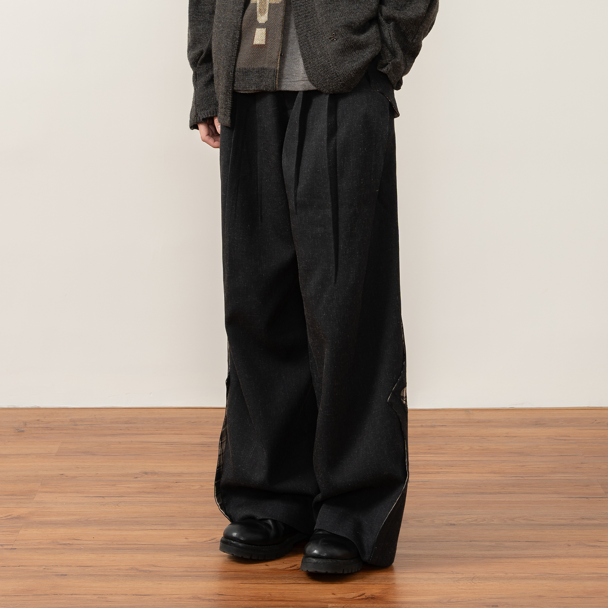 MOITIEDEPETALE Pleats Patch Wide-Leg Trousers-Pants-XS-Free Shipping Leatheretro