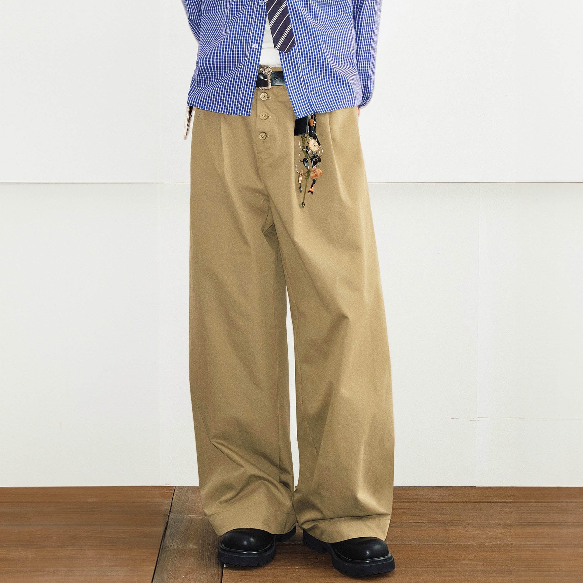 KREATE Crinkled Button-Fly Wide-Leg Pants-Pants-S - 30"-Khaki-Free Shipping Leatheretro