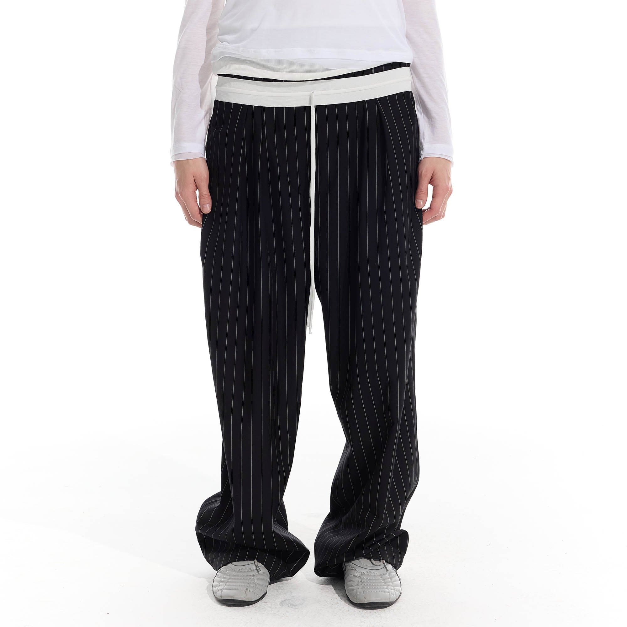 WHISTLEHUNTER Pinstriped Pleated Drawstring Wide-Leg Pants-Pants-S-Black-Free Shipping Leatheretro