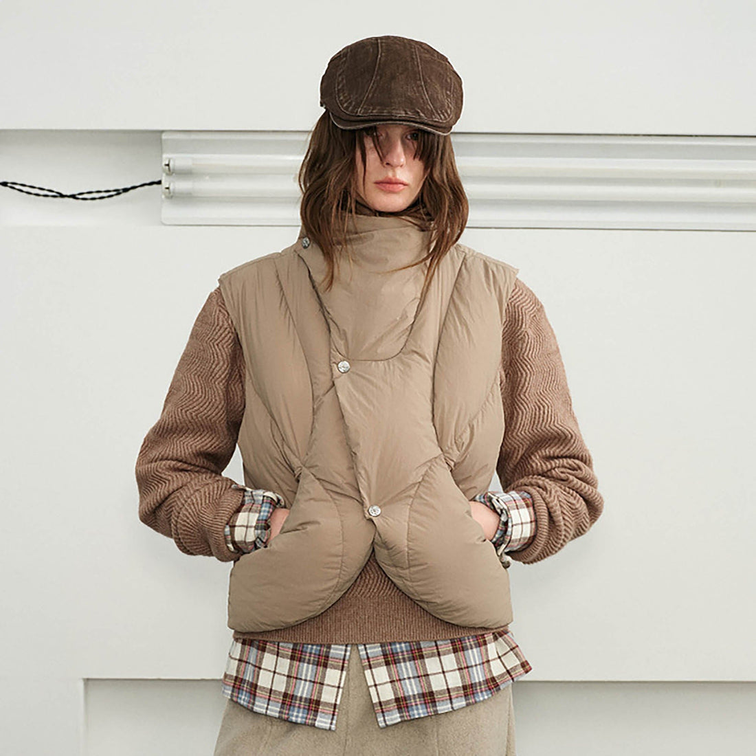 KREATE Asymmetrical Quilted Down Vest-Vest-S-Brown-Free Shipping Leatheretro