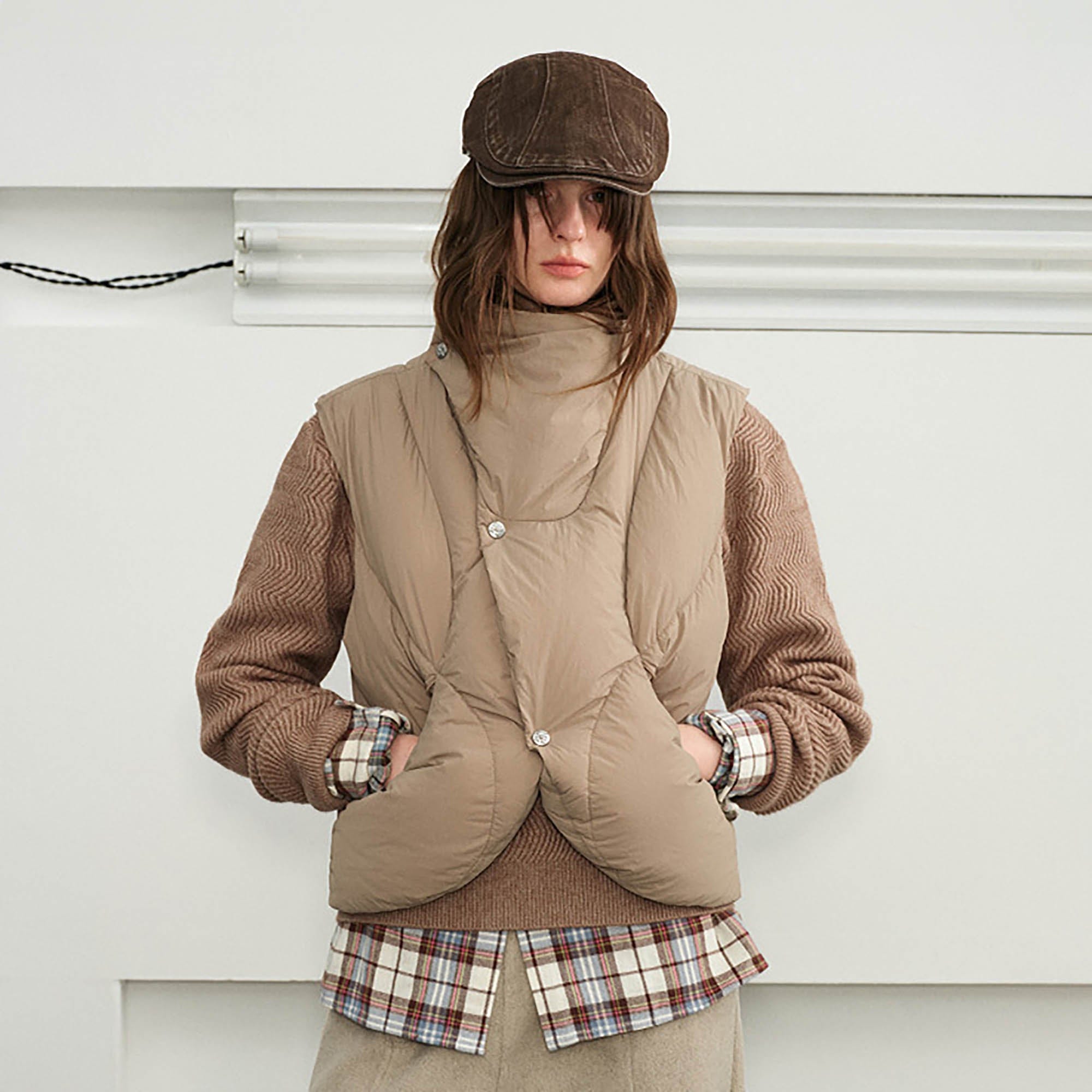 KREATE Asymmetrical Quilted Down Vest-Vest-S-Brown-Free Shipping Leatheretro