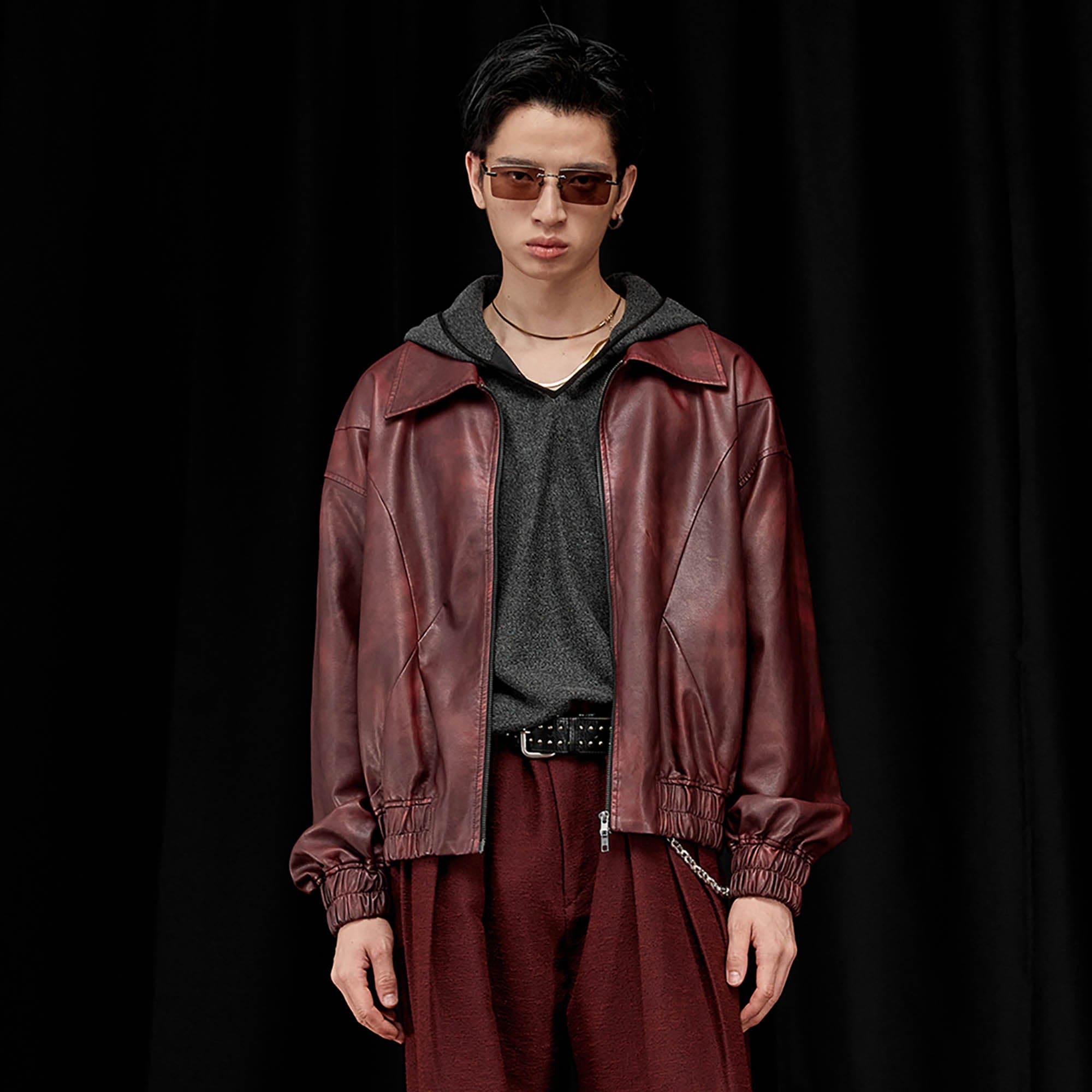 ALVNG AR ANTS Retro Distressed Spliced PU Jacket-Jacket-S-Red-Free Shipping Leatheretro