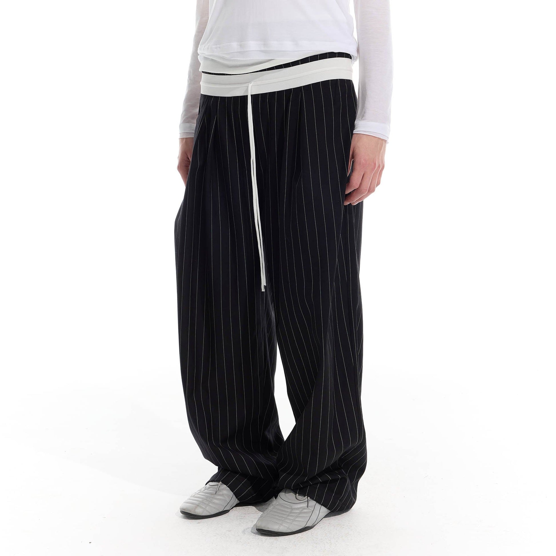 WHISTLEHUNTER Pinstriped Pleated Drawstring Wide-Leg Pants-Pants-S-Black-Free Shipping Leatheretro