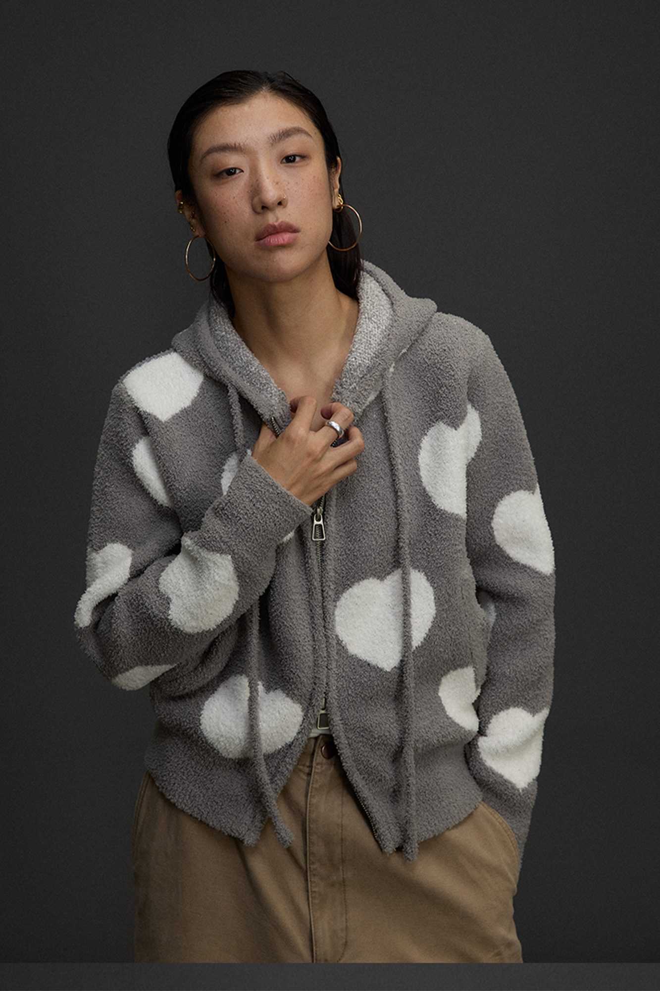 NIANJIUYIKOUER Fuzzy Heart Jacquard Zip-Up Hooded Cardigan-Jacket-XS-Free Shipping Leatheretro