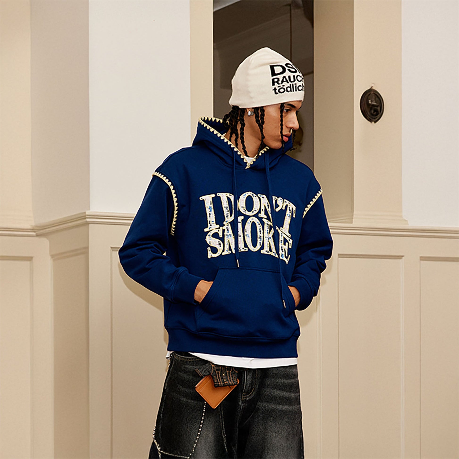 DONSMOKE Retro Embroidered Patch Whipstitch Hoodie-Hoodie-S-Dark Blue-Free Shipping Leatheretro