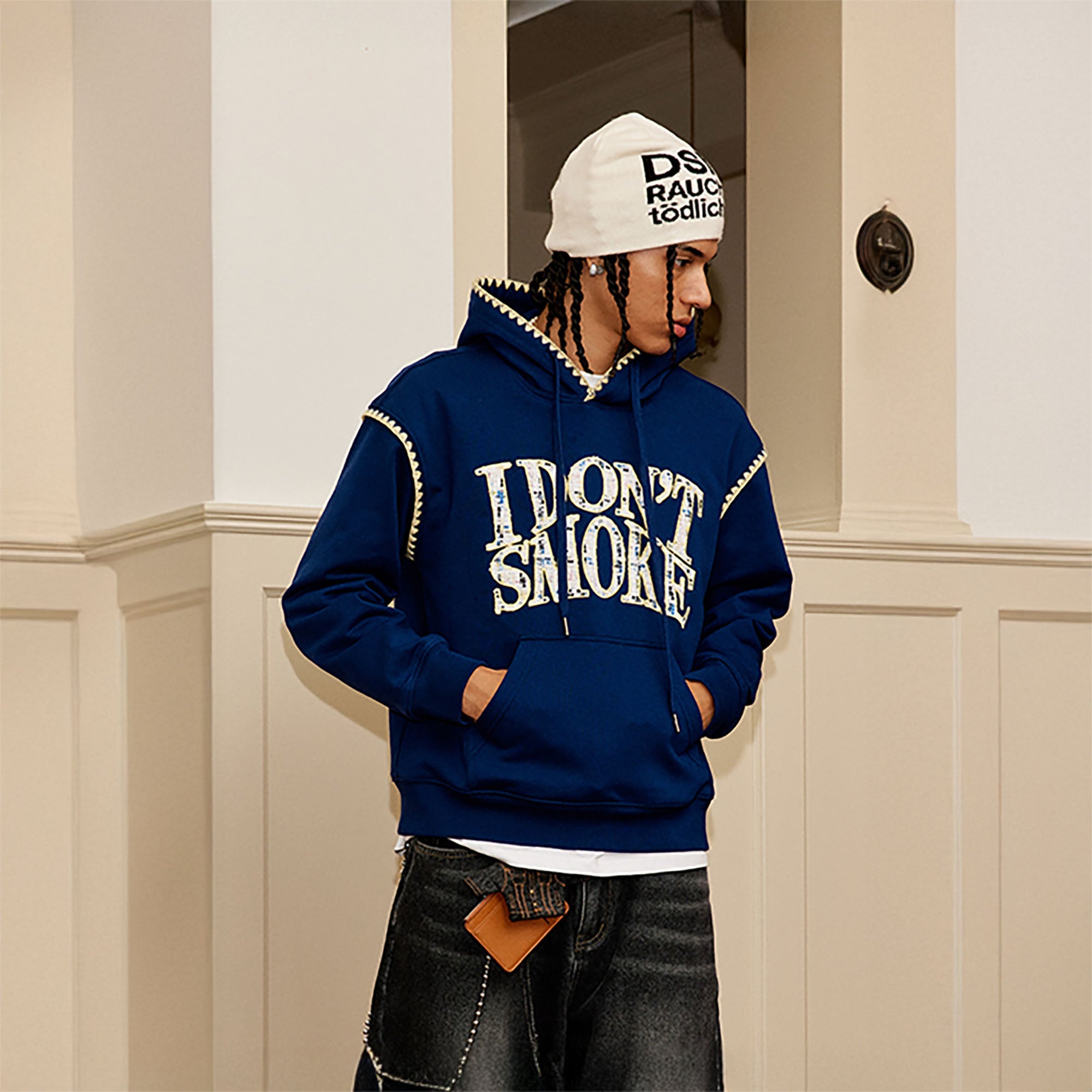 DONSMOKE Retro Embroidered Patch Whipstitch Hoodie-Hoodie-S-Dark Blue-Free Shipping Leatheretro