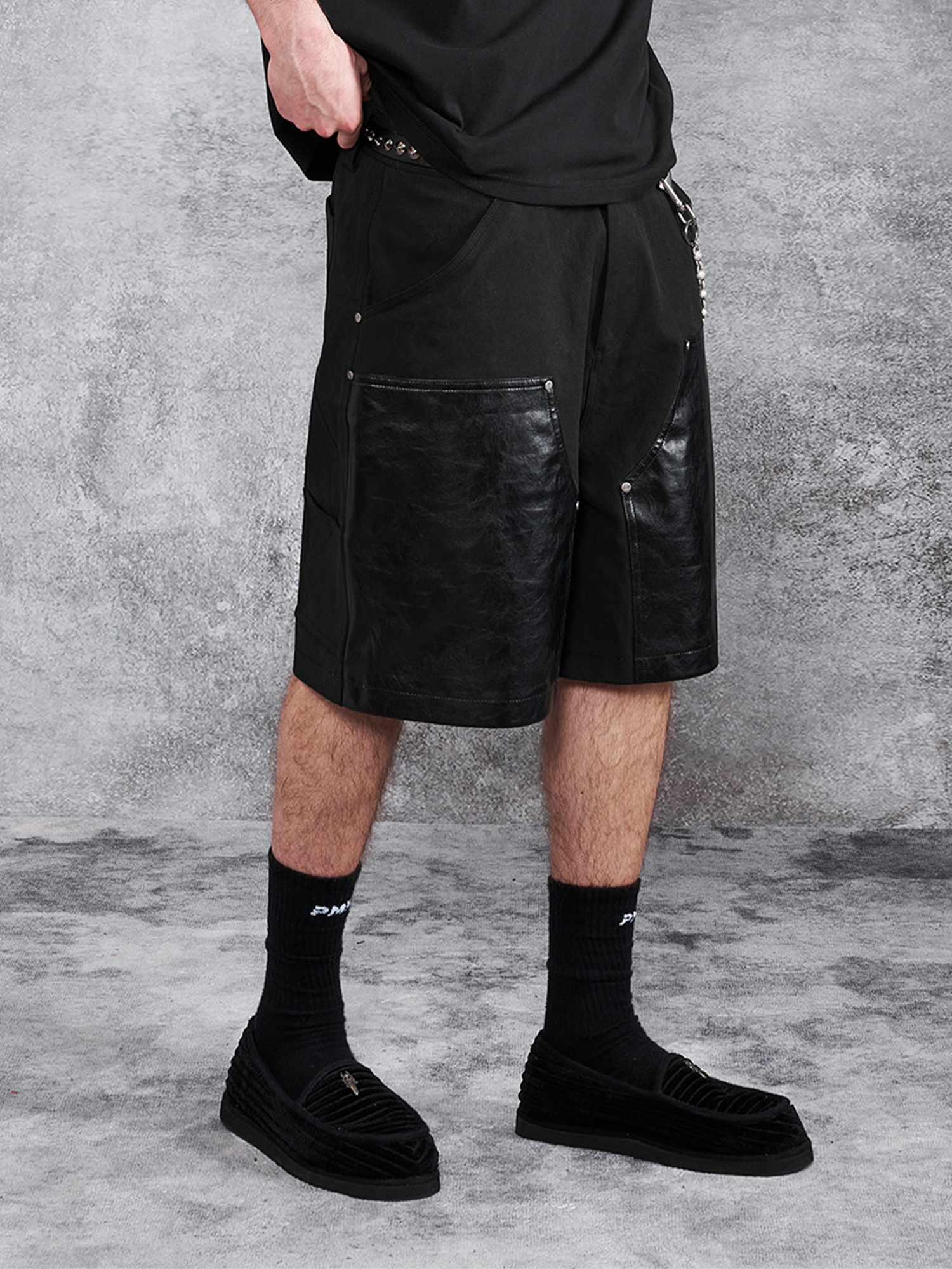 PMW Paneled Faux Leather Rivet Shorts-Shorts-S-Free Shipping Leatheretro