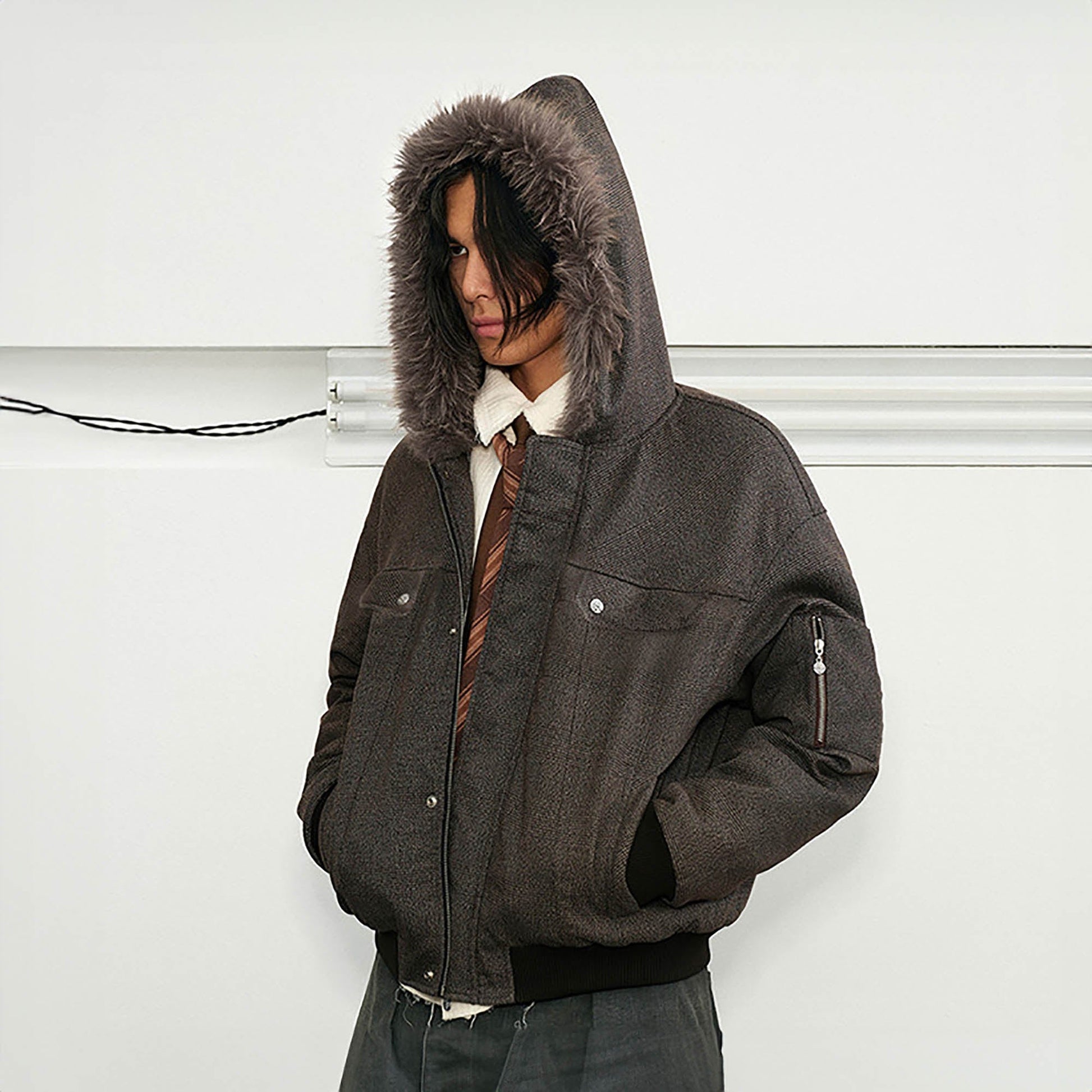 KREATE Padded Faux Fur Collar Utility Jacket-Jacket-S-Grey-Free Shipping Leatheretro
