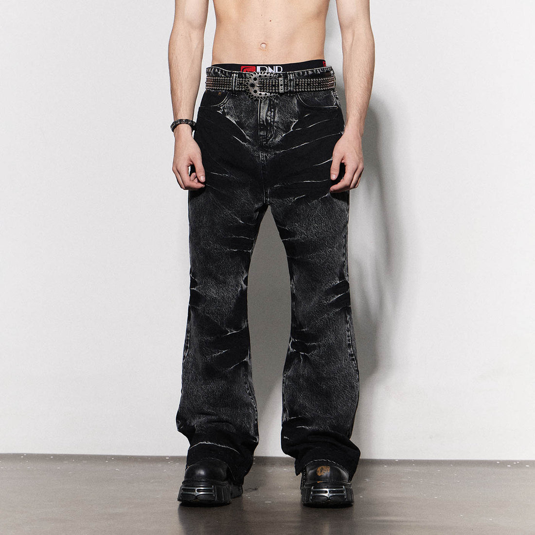 DND4DES Lightning Crease Washed Flared Jeans Black-Jeans-S-Free Shipping Leatheretro