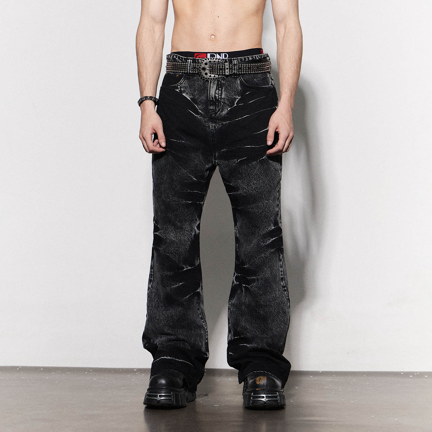 DND4DES Lightning Crease Washed Flared Jeans Black-Jeans-S-Free Shipping Leatheretro