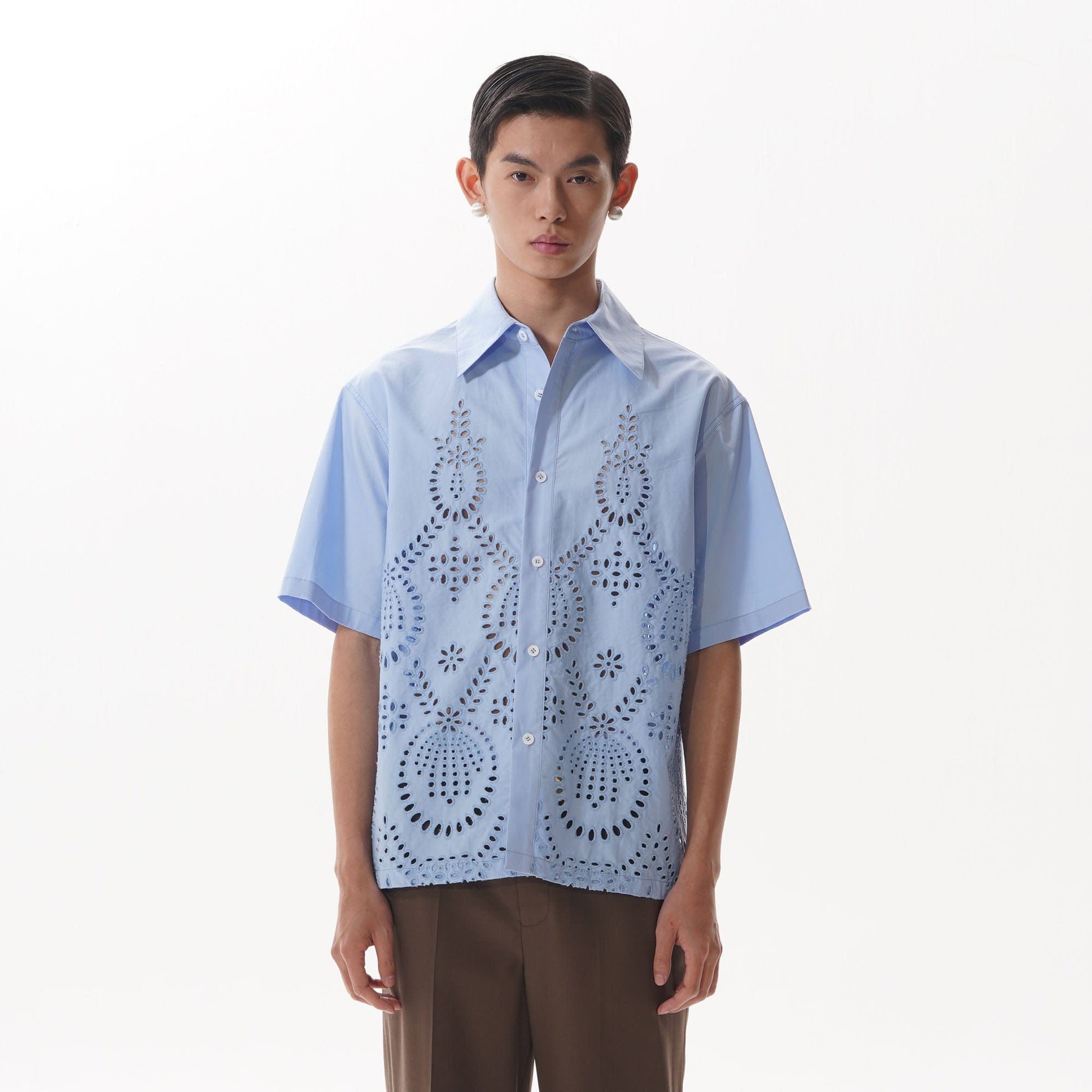 ORAL UTOPIA Geometric Eyelet Embroidery Half Shirt-Half shirt-S-Free Shipping Leatheretro