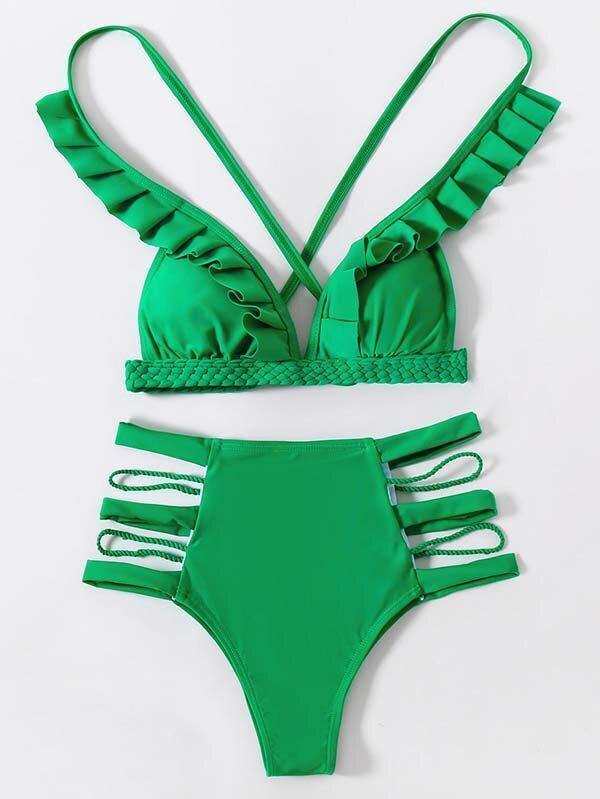 Green High-Waisted Hollow Bikini Swimwear-Women Swimwear-S-Free Shipping Leatheretro