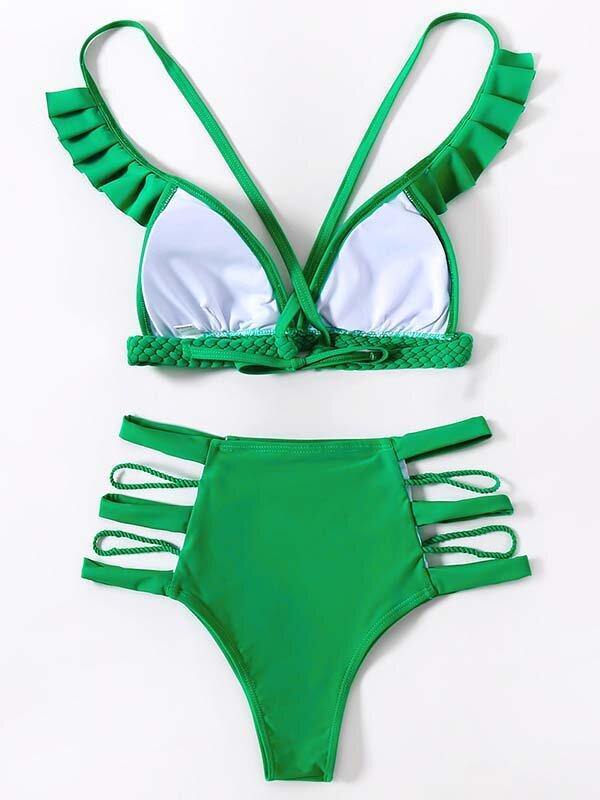 Green High-Waisted Hollow Bikini Swimwear-Women Swimwear-S-Free Shipping Leatheretro