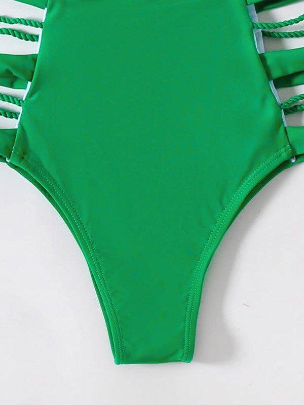 Green High-Waisted Hollow Bikini Swimwear-Women Swimwear-S-Free Shipping Leatheretro