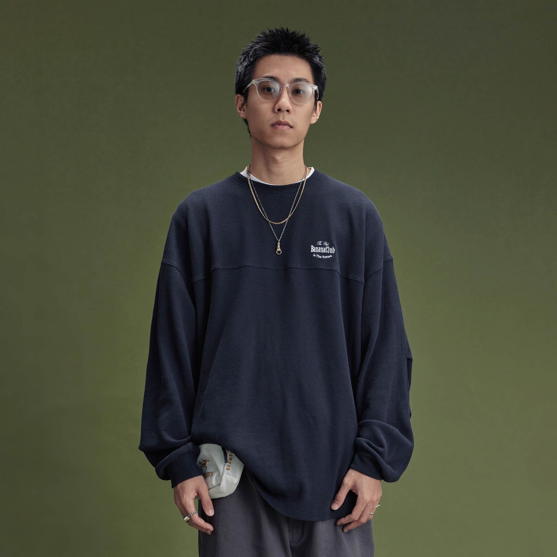 BANANA CLUB Waffle Knit Spliced Long-Sleeve Tee-L/S Tee-S-Blue-Free Shipping Leatheretro