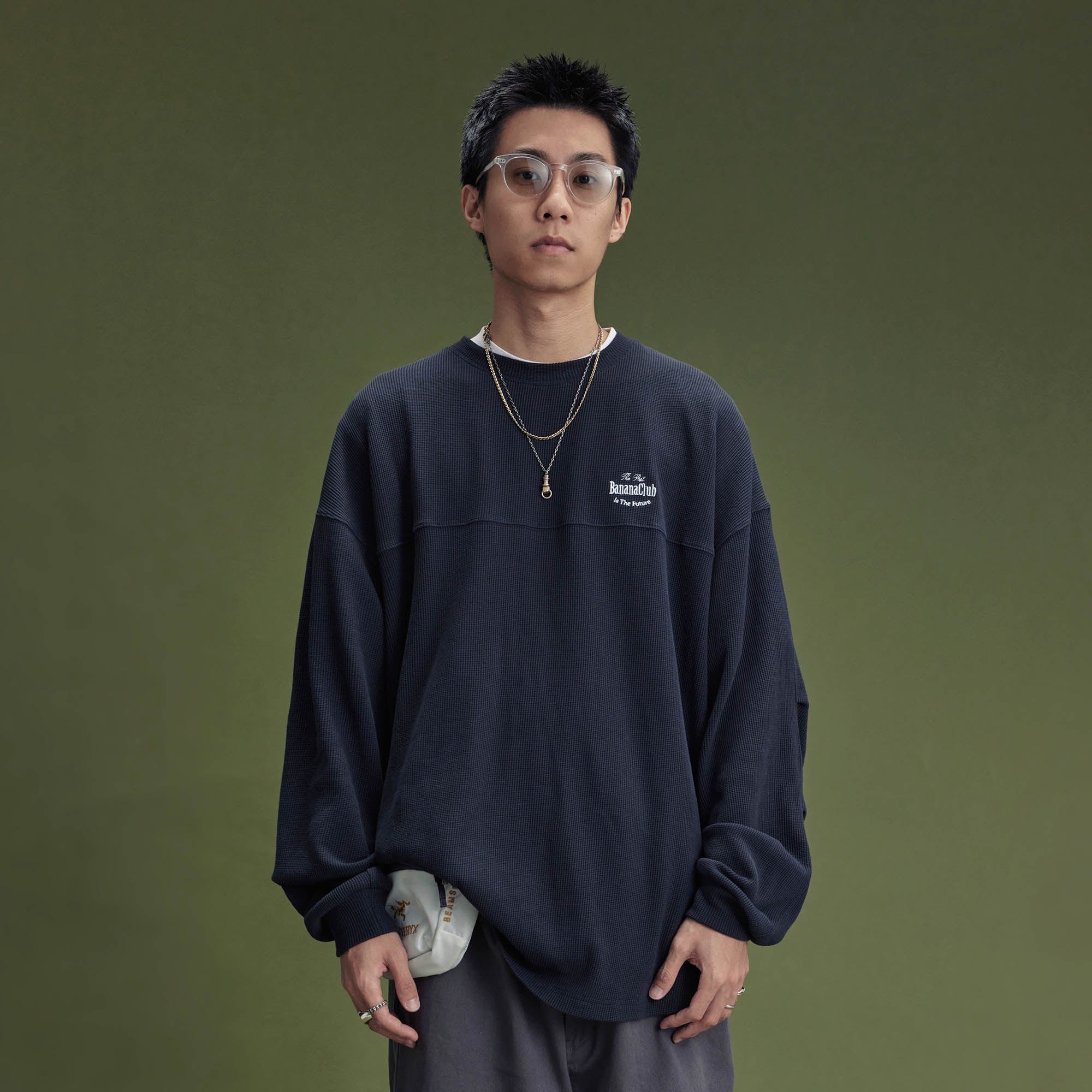 BANANA CLUB Waffle Knit Spliced Long-Sleeve Tee-L/S Tee-S-Blue-Free Shipping Leatheretro