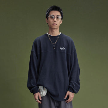 BANANA CLUB Waffle Knit Spliced Long-Sleeve Tee-L/S Tee-S-Blue-Free Shipping Leatheretro