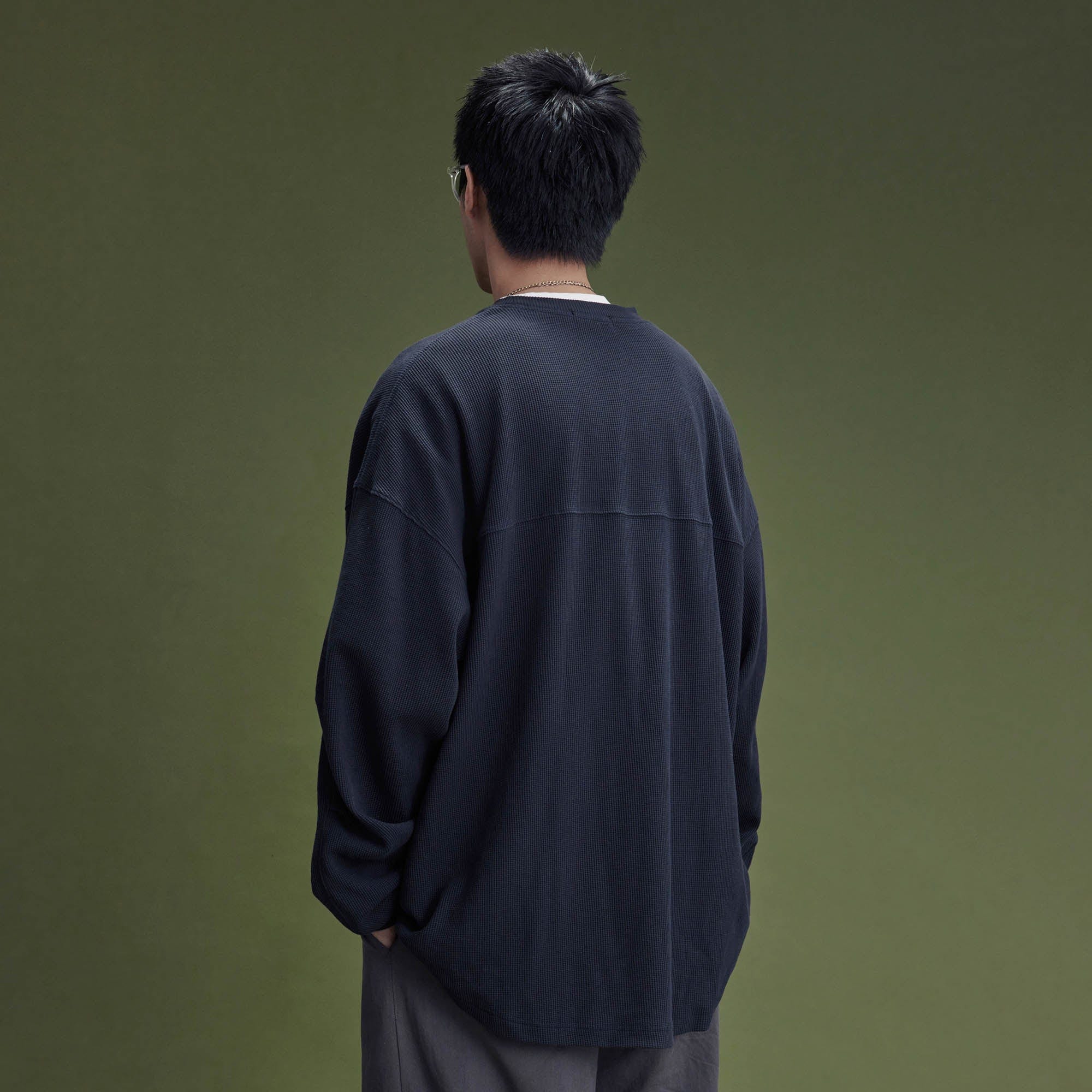 BANANA CLUB Waffle Knit Spliced Long-Sleeve Tee-L/S Tee-S-Blue-Free Shipping Leatheretro