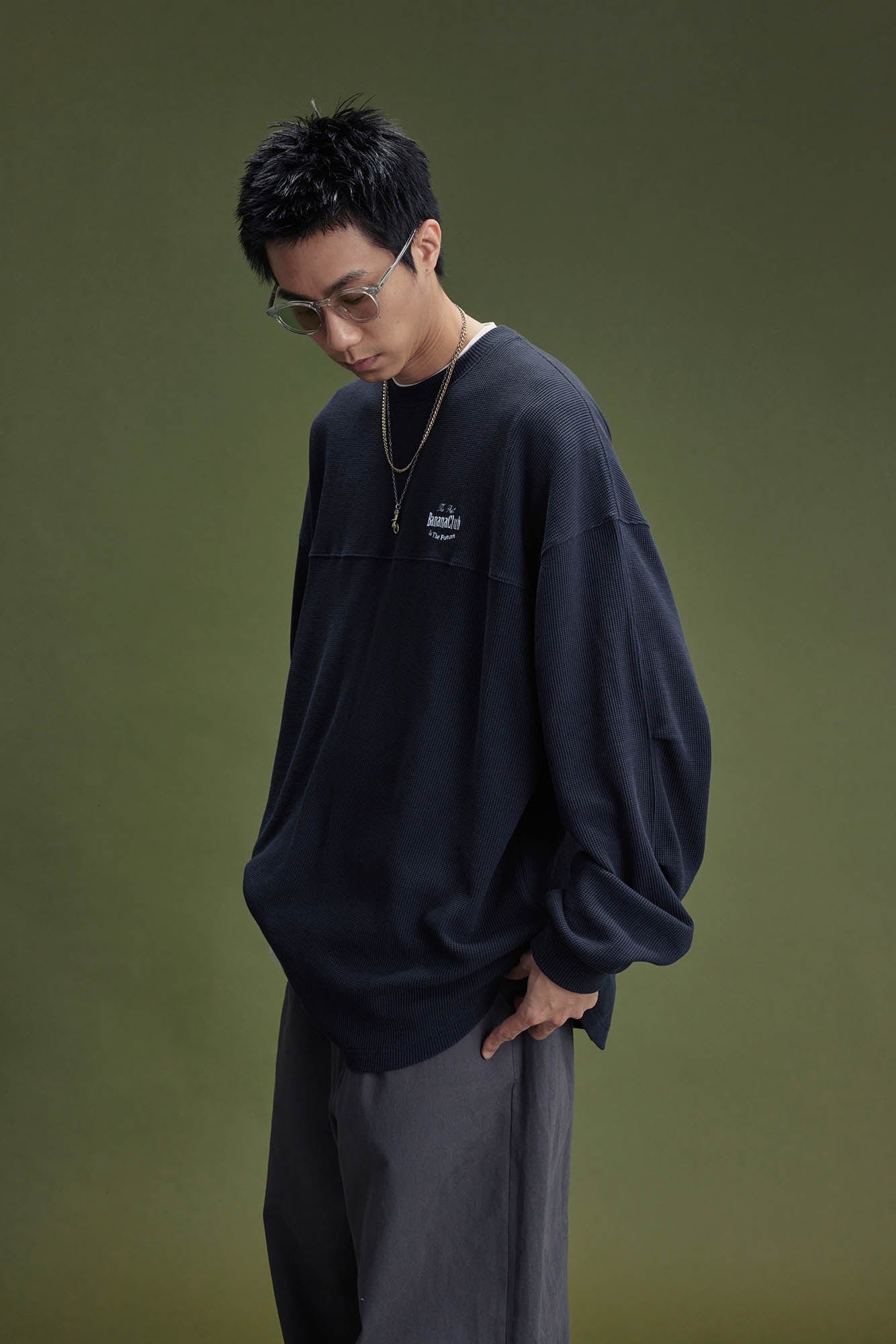 BANANA CLUB Waffle Knit Spliced Long-Sleeve Tee-L/S Tee-S-Blue-Free Shipping Leatheretro