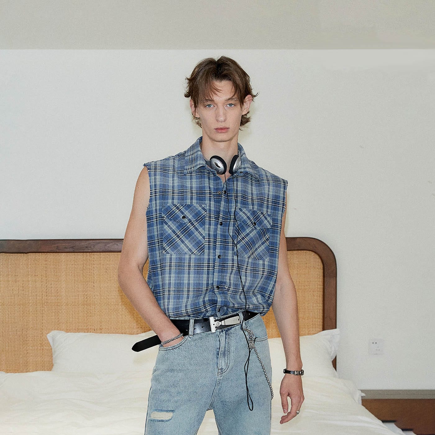 KREATE Distressed Plaid Vest-T Shirt-S-Blue-Free Shipping Leatheretro