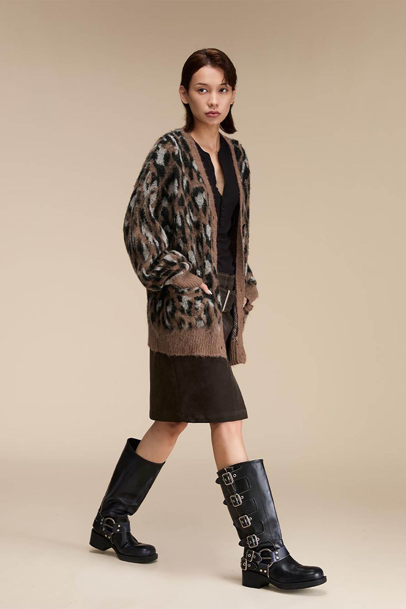 OPICLOTH Leopard Mohair V-Neck Cardigan-Jacket-S-Free Shipping Leatheretro