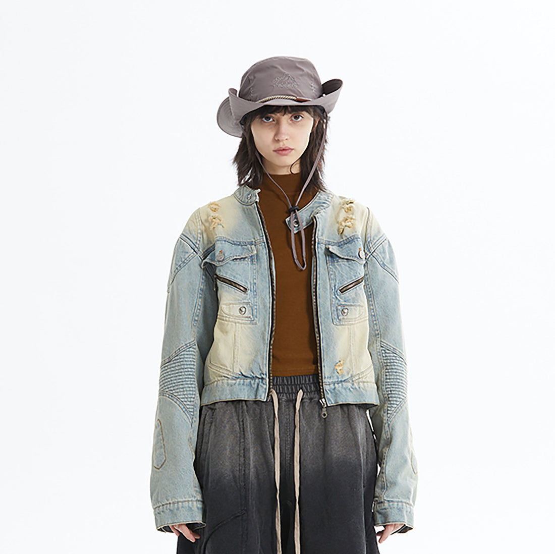 ERROR CODE ROBOT Distressed Washed Cropped Biker Denim Jacket-Jacket-S-Free Shipping Leatheretro