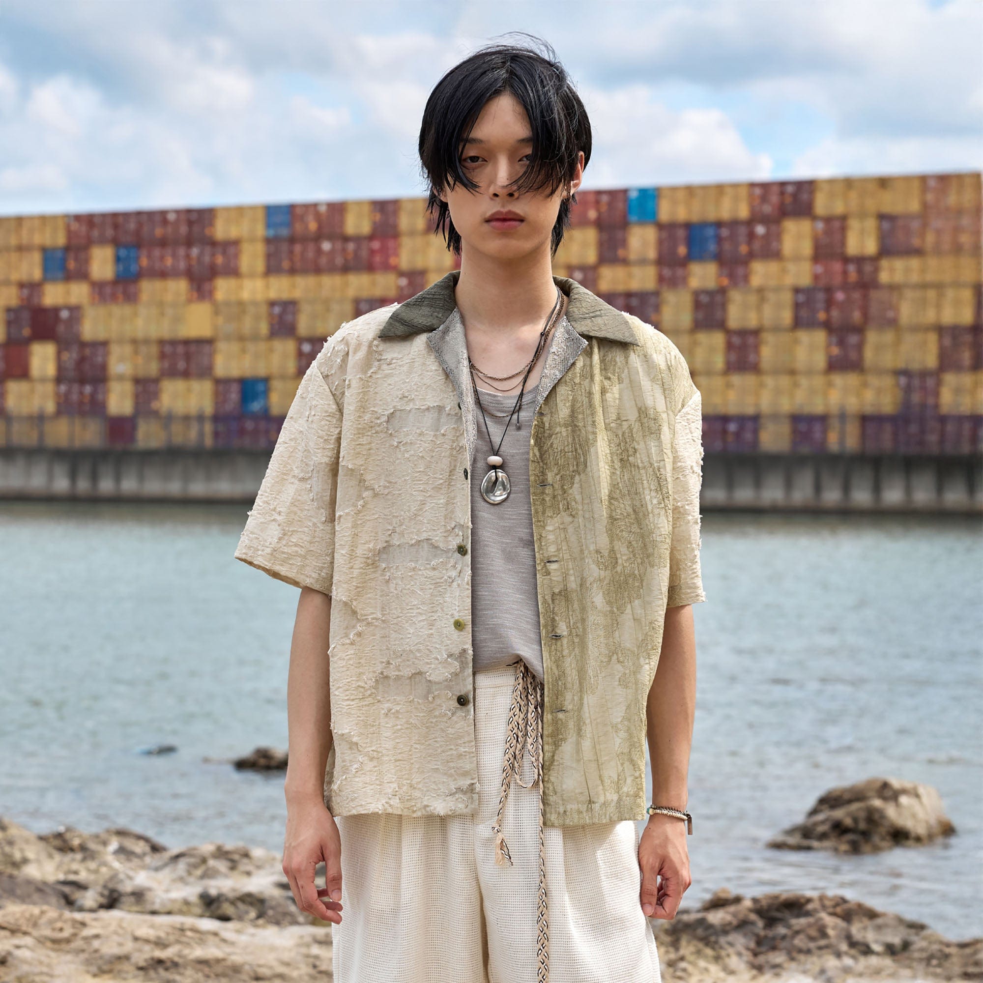 ALVNG AR ANTS Botanical Dyed Burnout Textured Spliced Half Shirt-Half shirt-S-Free Shipping Leatheretro