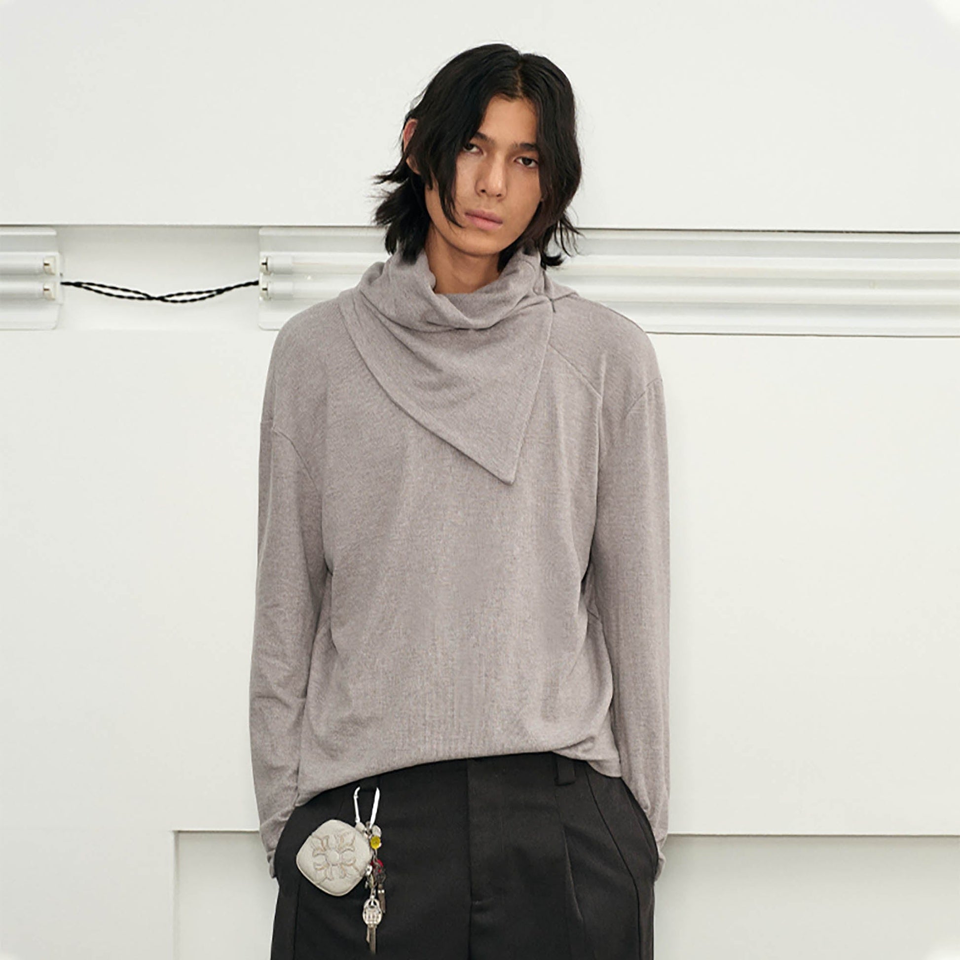 KREATE Scarf Collar Knitted Long-Sleeve Tee-L/S Tee-S-Grey-Free Shipping Leatheretro