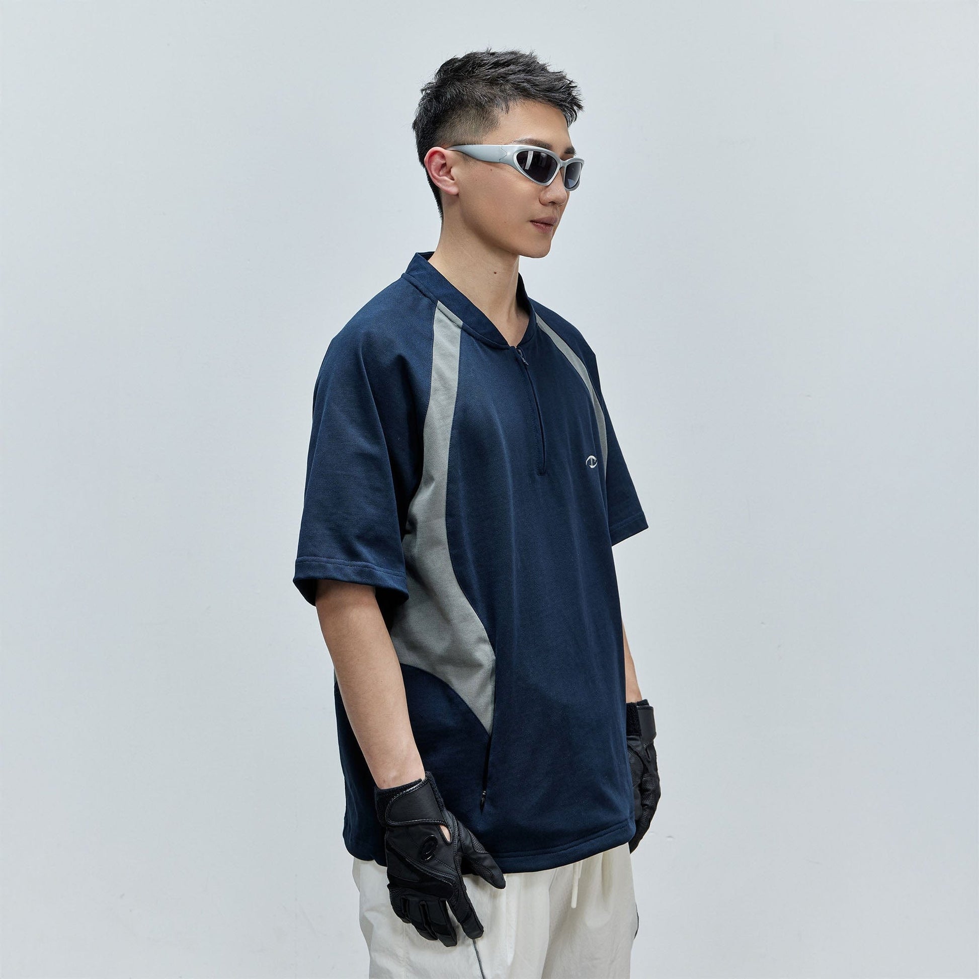 CATSSTAC Contrast Panel Half-Zip Oversized T-Shirt-T Shirt-M-Free Shipping Leatheretro