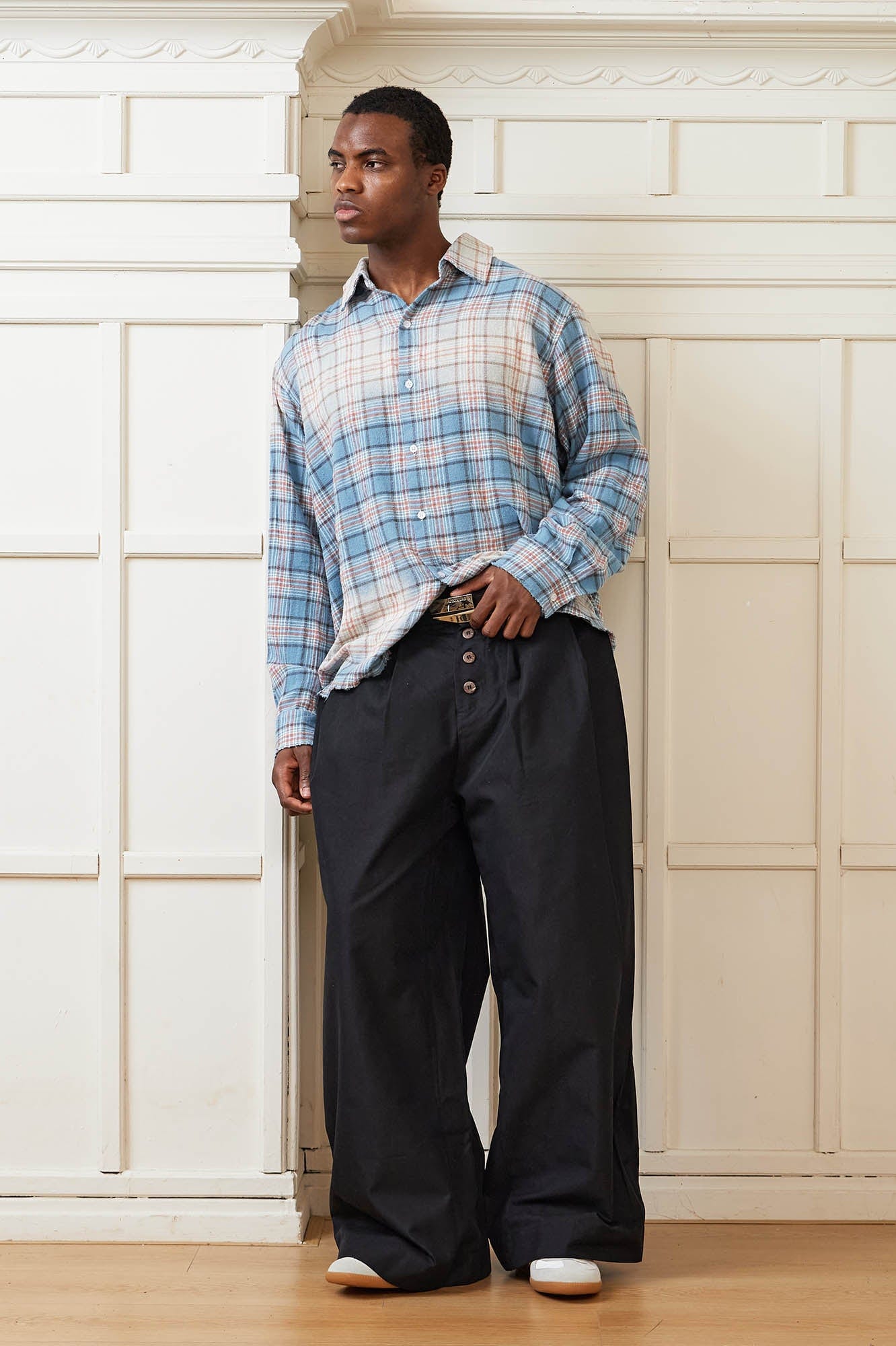 KREATE Crinkled Button-Fly Wide-Leg Pants-Pants-S - 30"-Black-Free Shipping Leatheretro