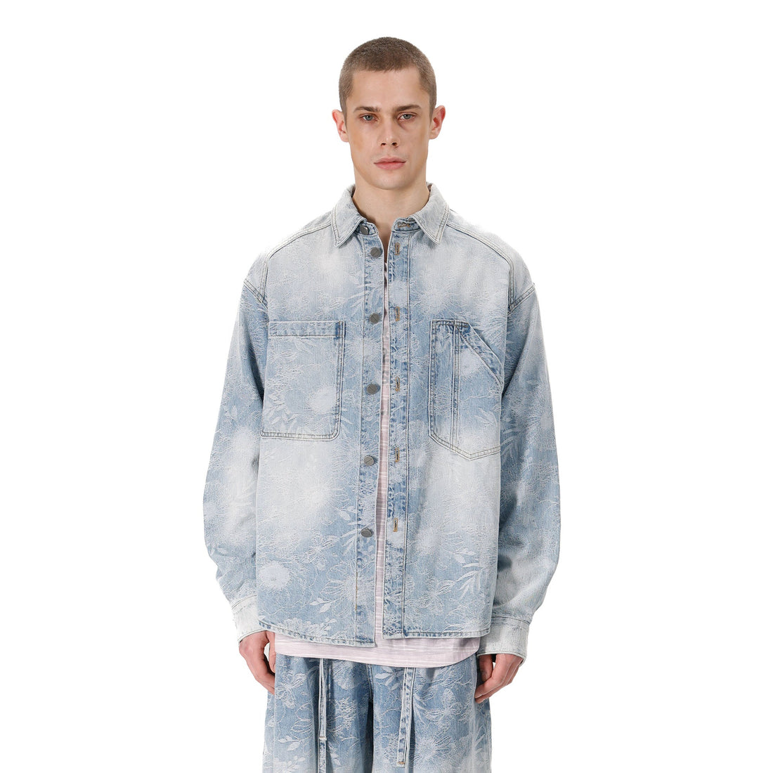 VANN VALRENCE Washed Floral Jacquard Denim Shirt-Shirt-S-Free Shipping Leatheretro